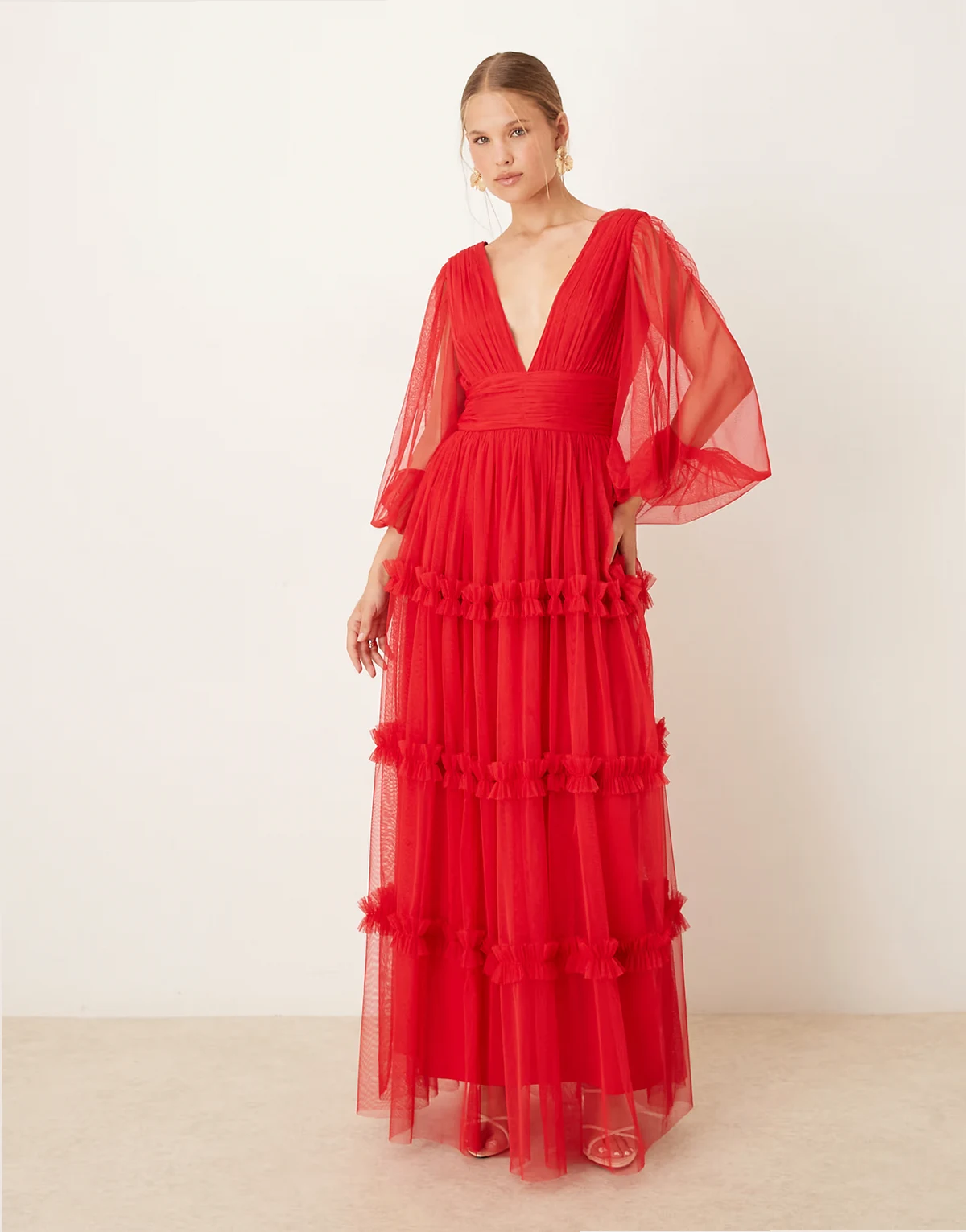 boho ruffle maxi dress in red
