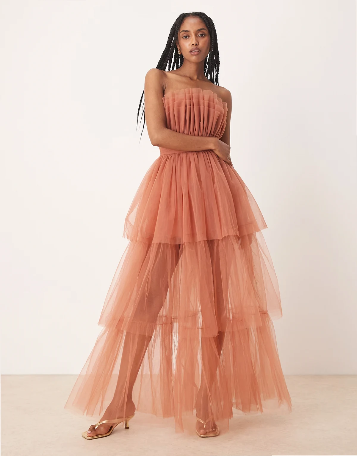 bandeau high low maxi dress in terracotta rose