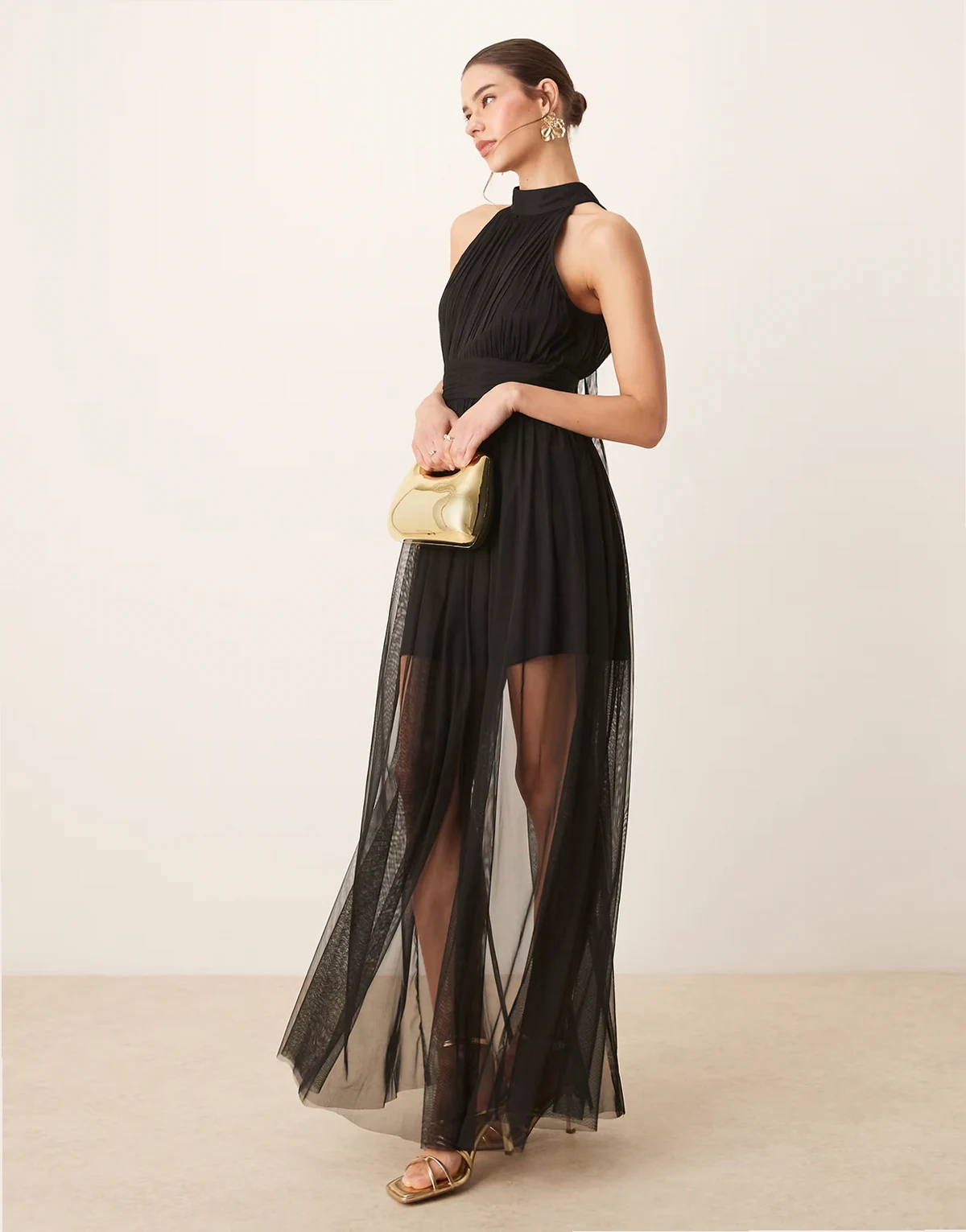 halterneck tulle sheer skirt maxi dress in black