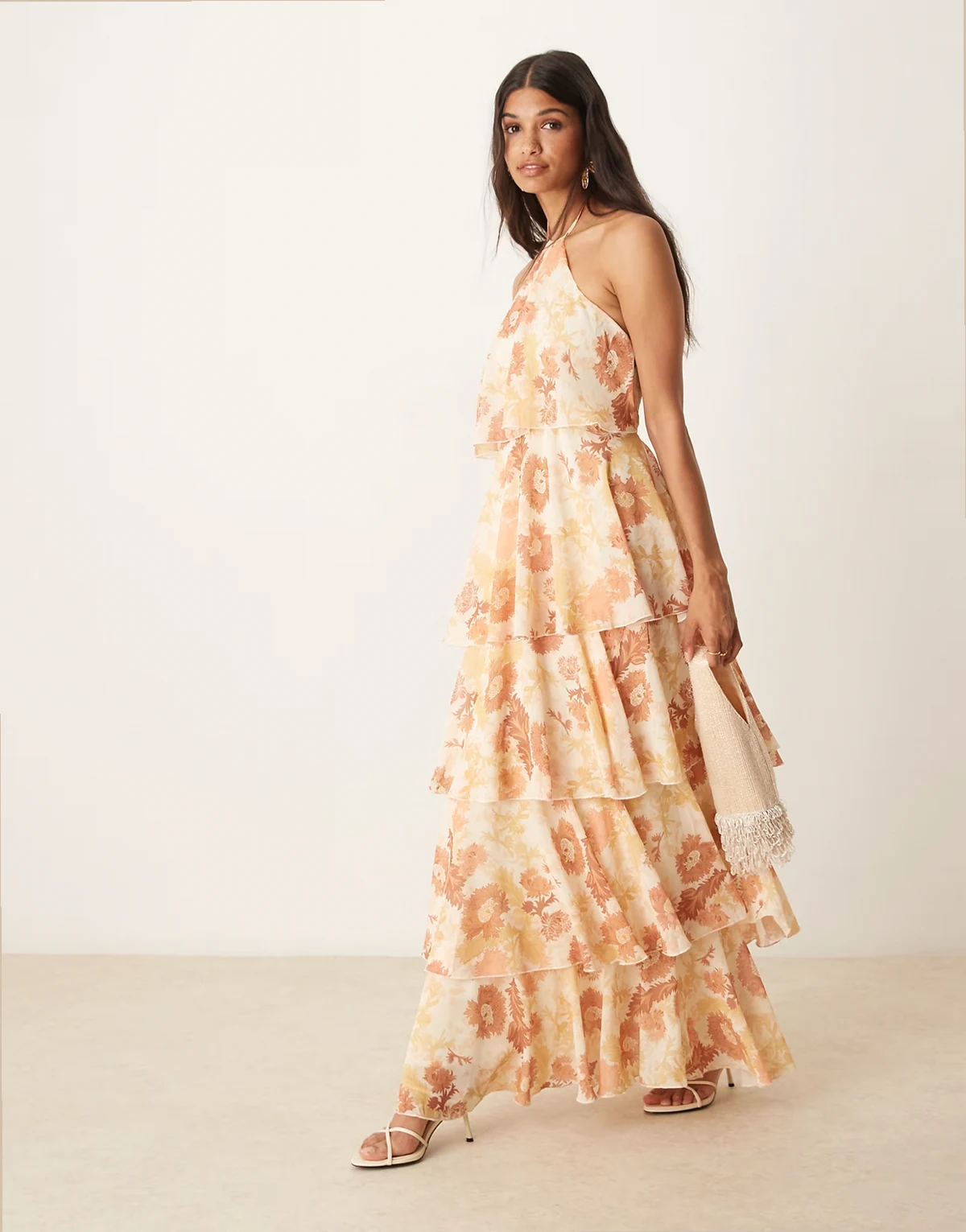 halterneck ruffle maxi dress in terracotta petal