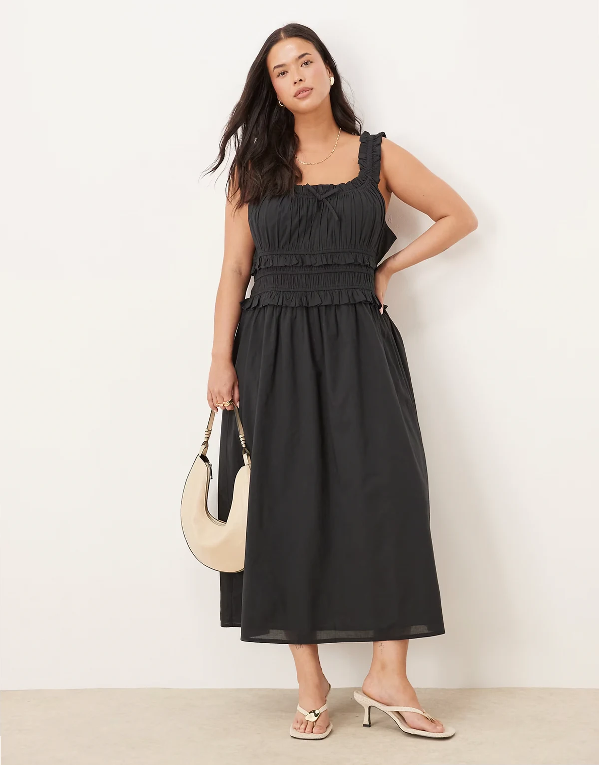 Ariel ruffle detail midi dress in black