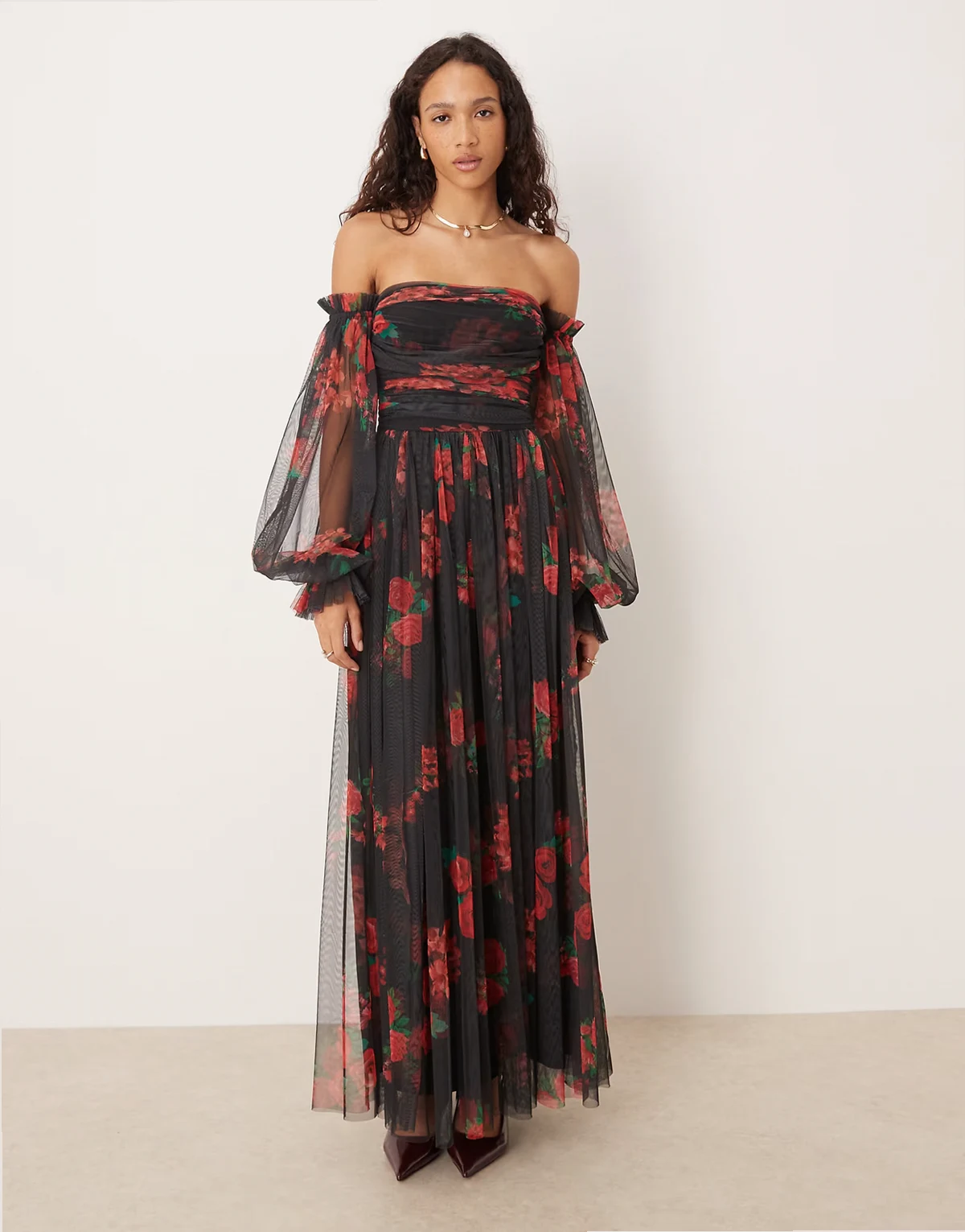 off the shoulder balloon sleeve tulle maxi dress in black rose