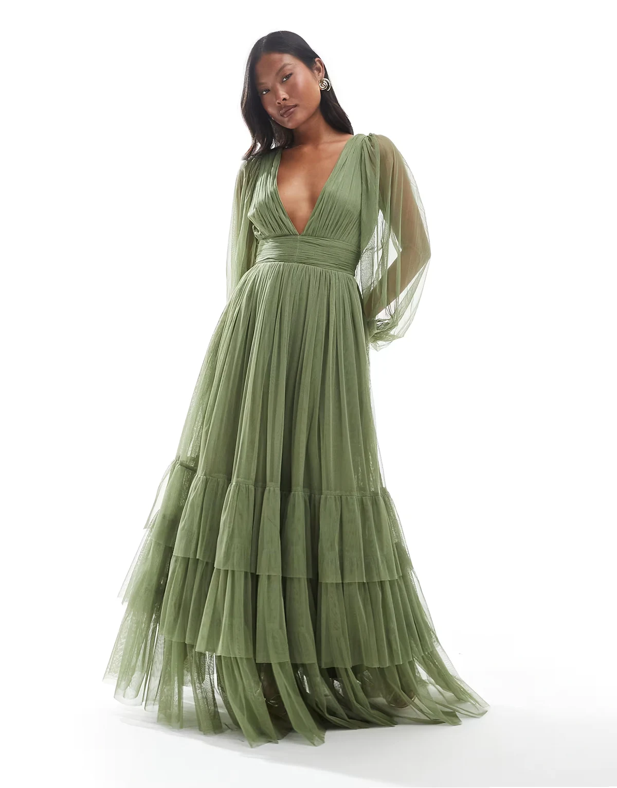 Bridesmaid – Madison – Oliwkowa sukienka maxi z długimi rękawami