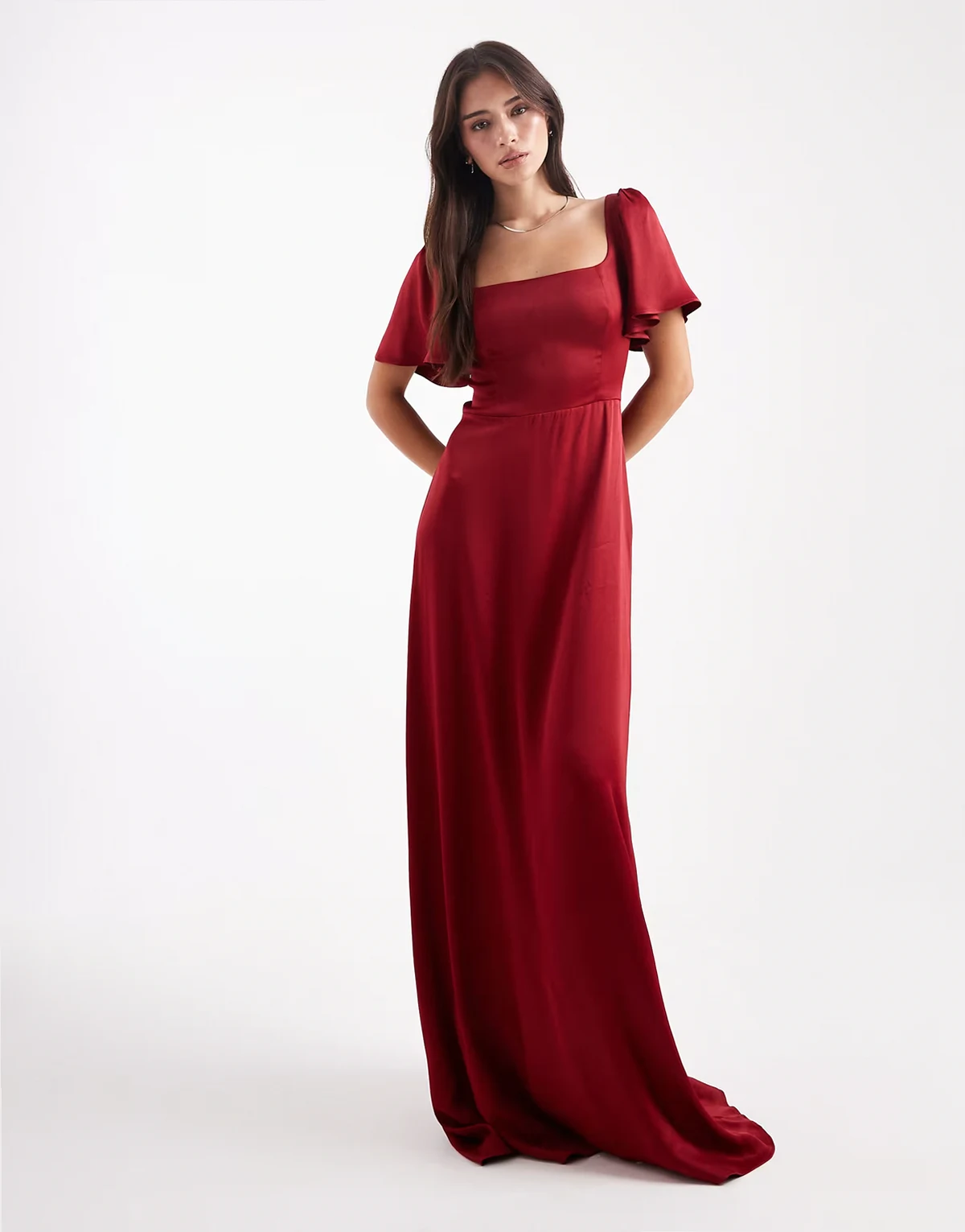 – Bridesmaid – Maxikleid in Burgunderrot mit Flatterärmeln und eckigem Ausschnitt