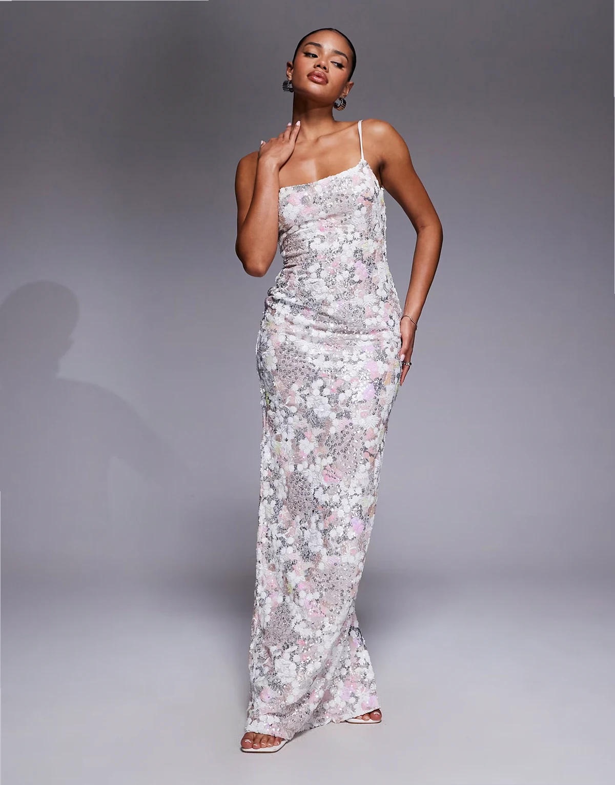 artisan sequin cowl neck maxi dress in ivory