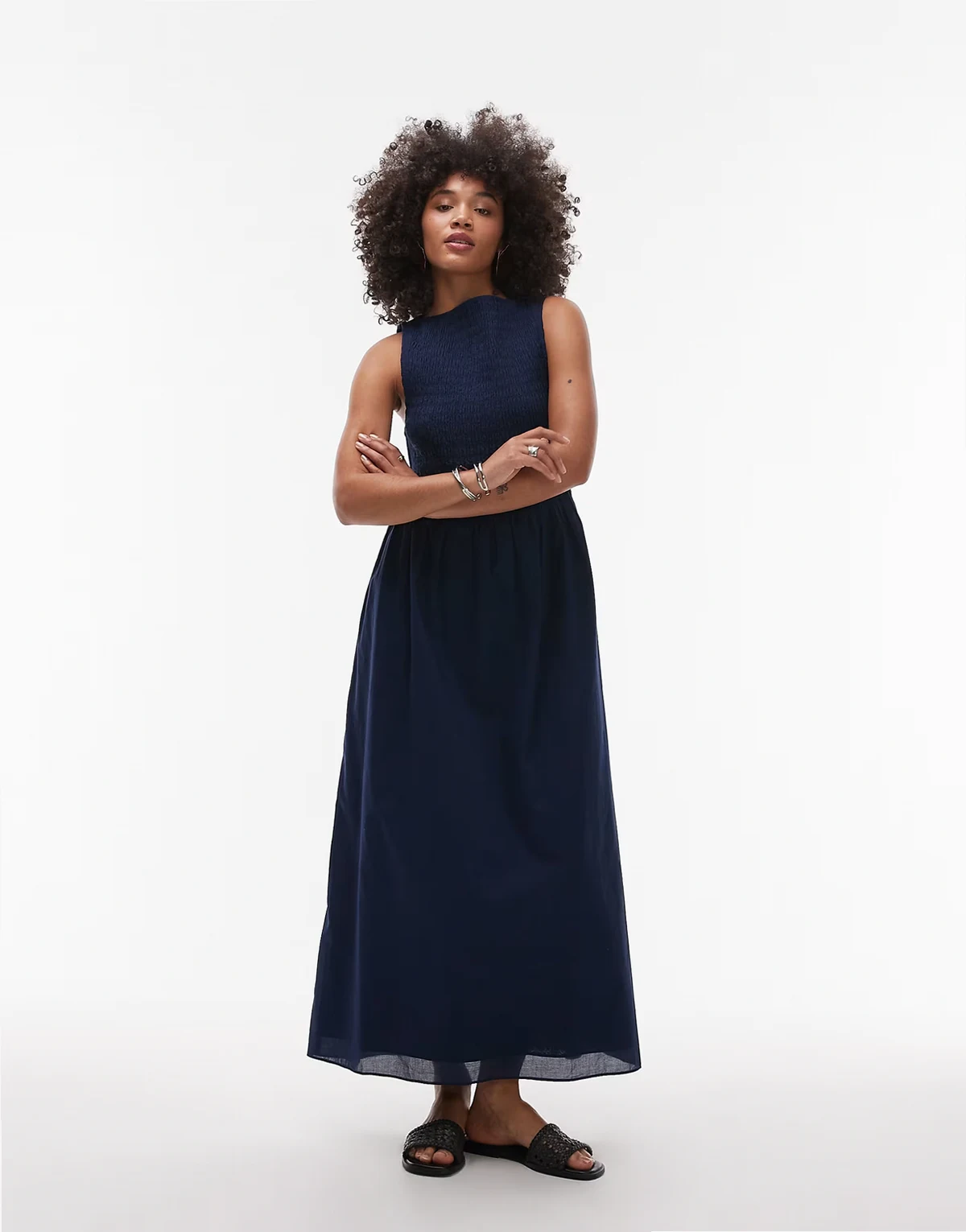 boat neck maxi dress with smocked bodice in blue