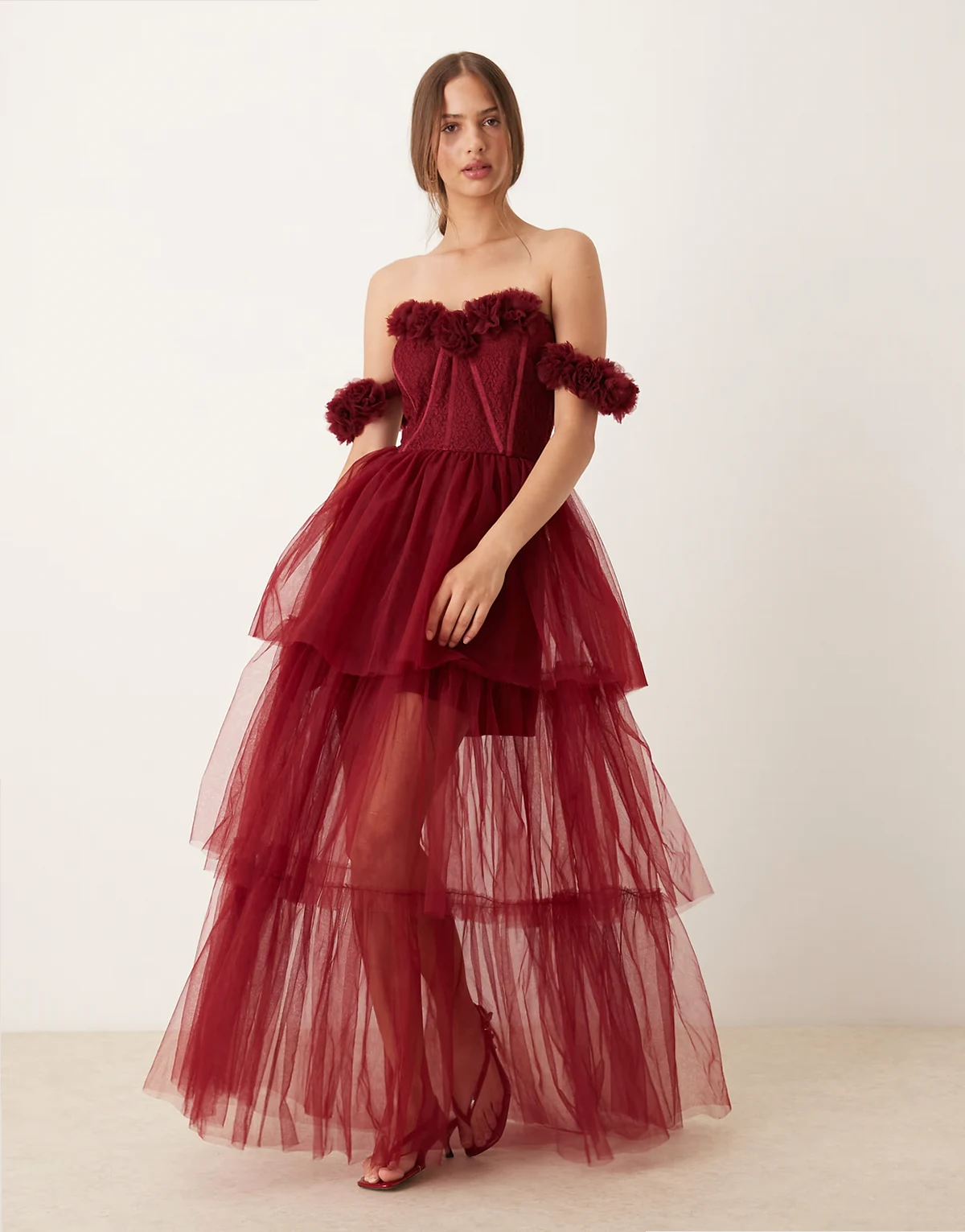 rosette corset maxi dress in burgundy