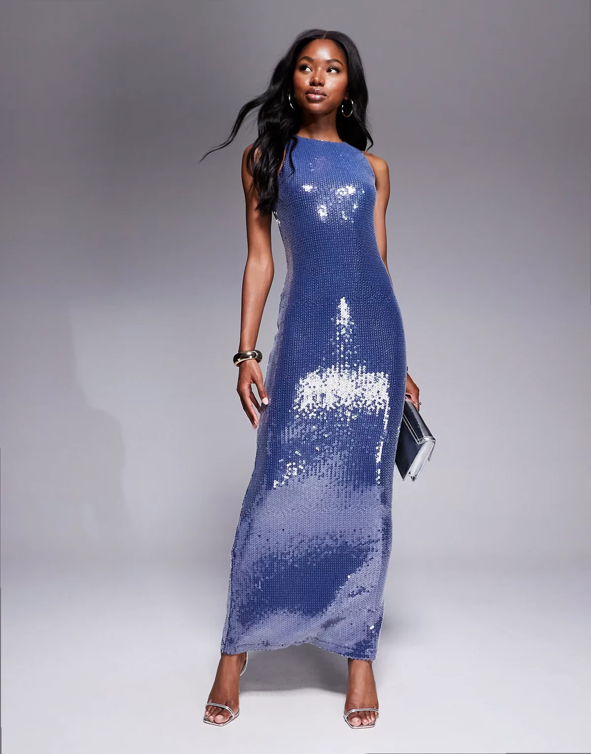 London – Exklusives Pailletten-Maxikleid in Dunkelblau mit Ringerrücken