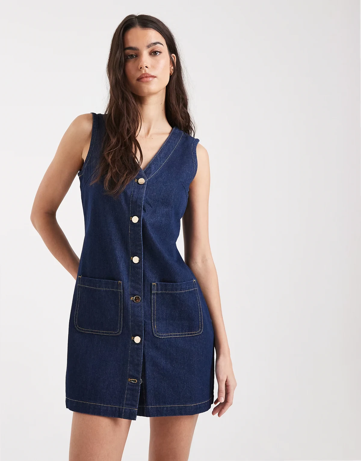 button front pinafore denim mini dress in blue