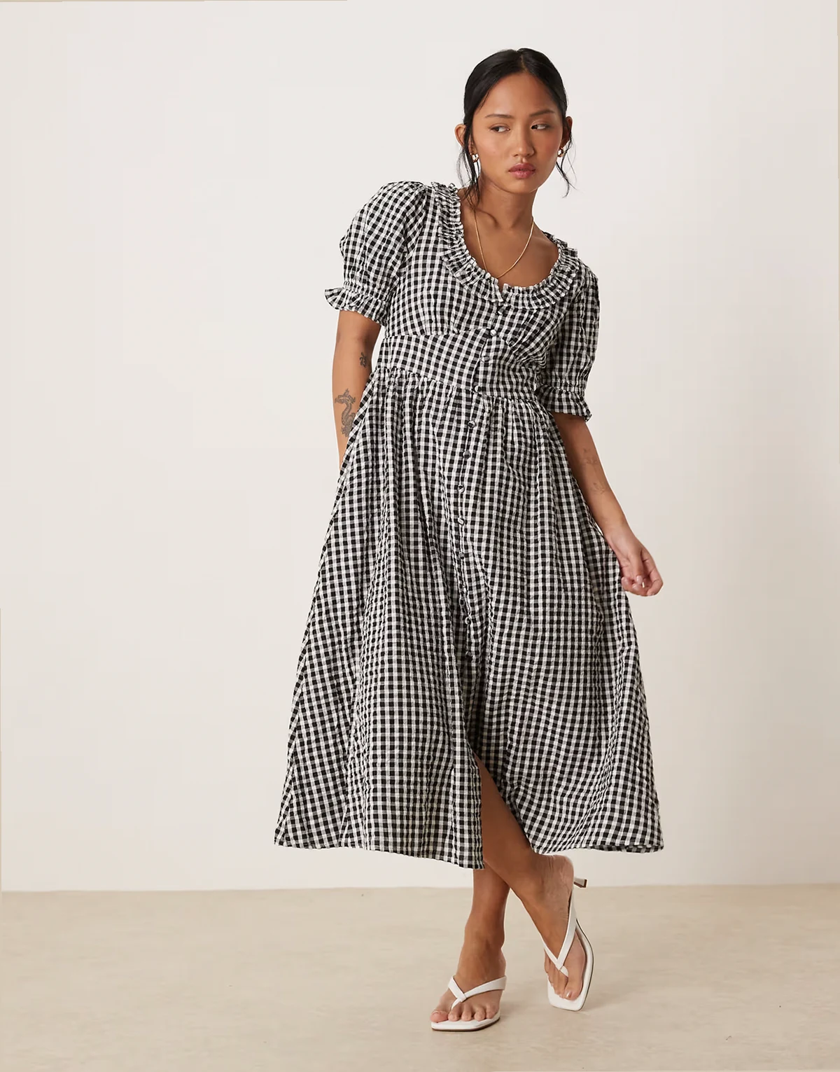 Nobody's Child Petite Flossie ruffle detail midi dress in black gingham