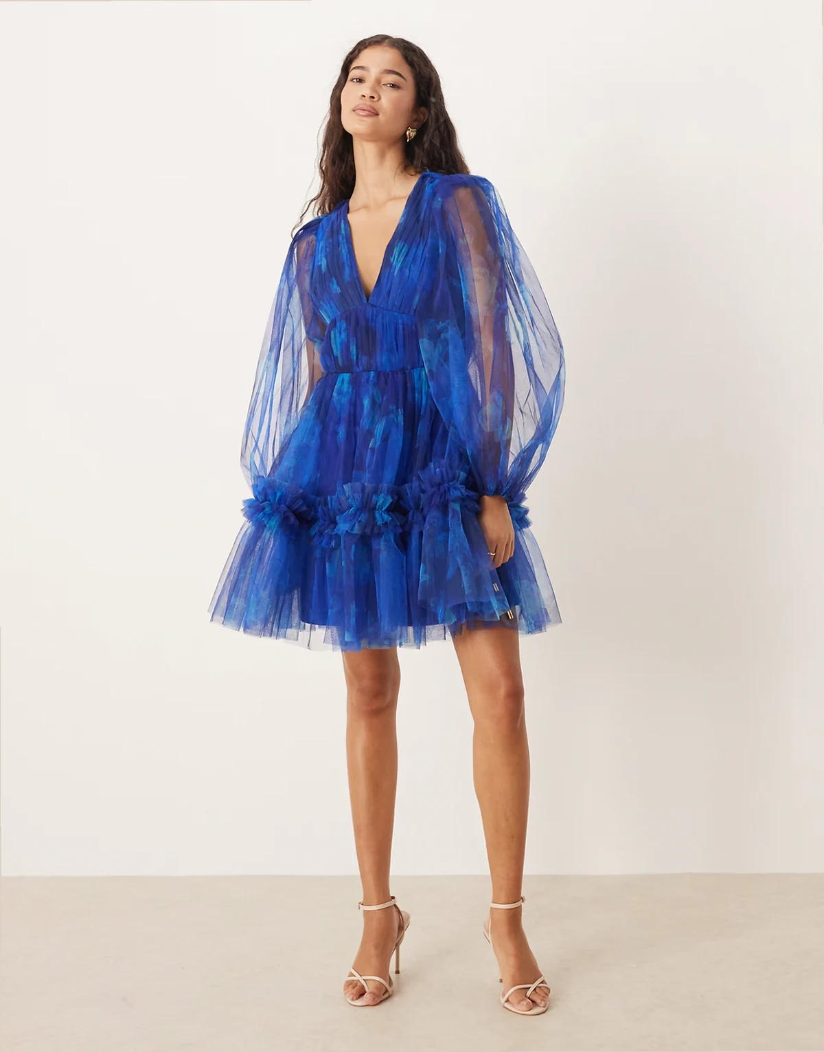 balloon sleeves organza mini dress in blurred cobalt floral