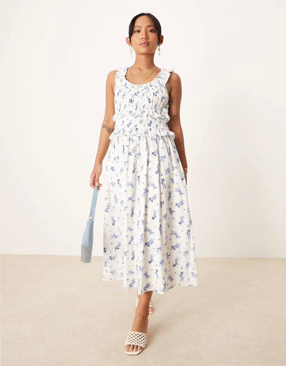 Nobody's Child Petite Ariel ruffle detail midi dress in white and blue floral