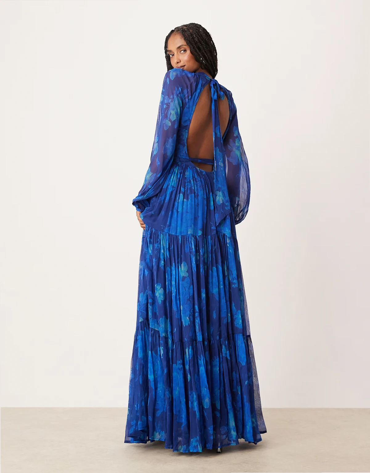 chiffon balloon sleeve maxi dress in cobalt