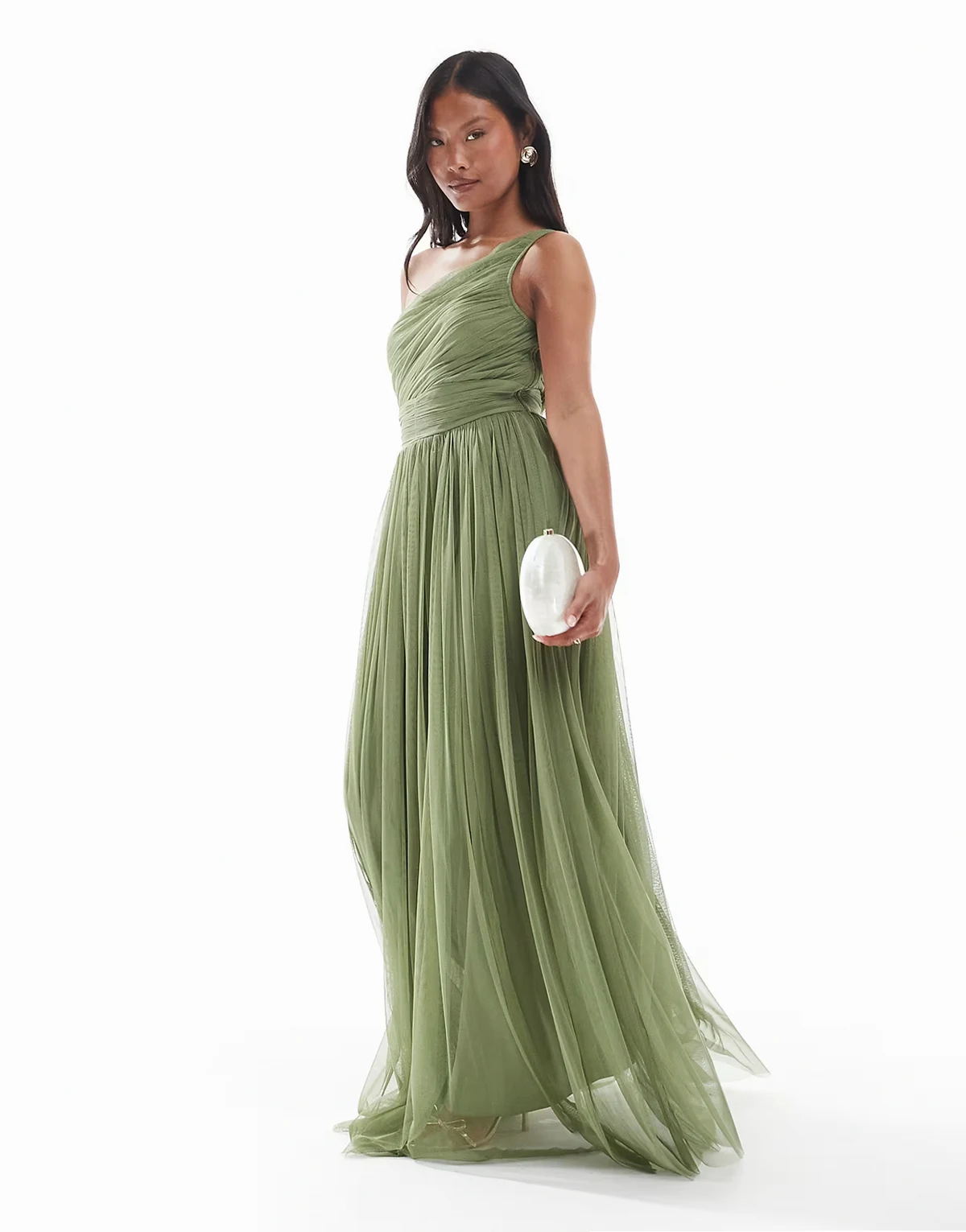 Bridesmaid – Oliwkowa sukienka maxi na jedno ramię dla druhny