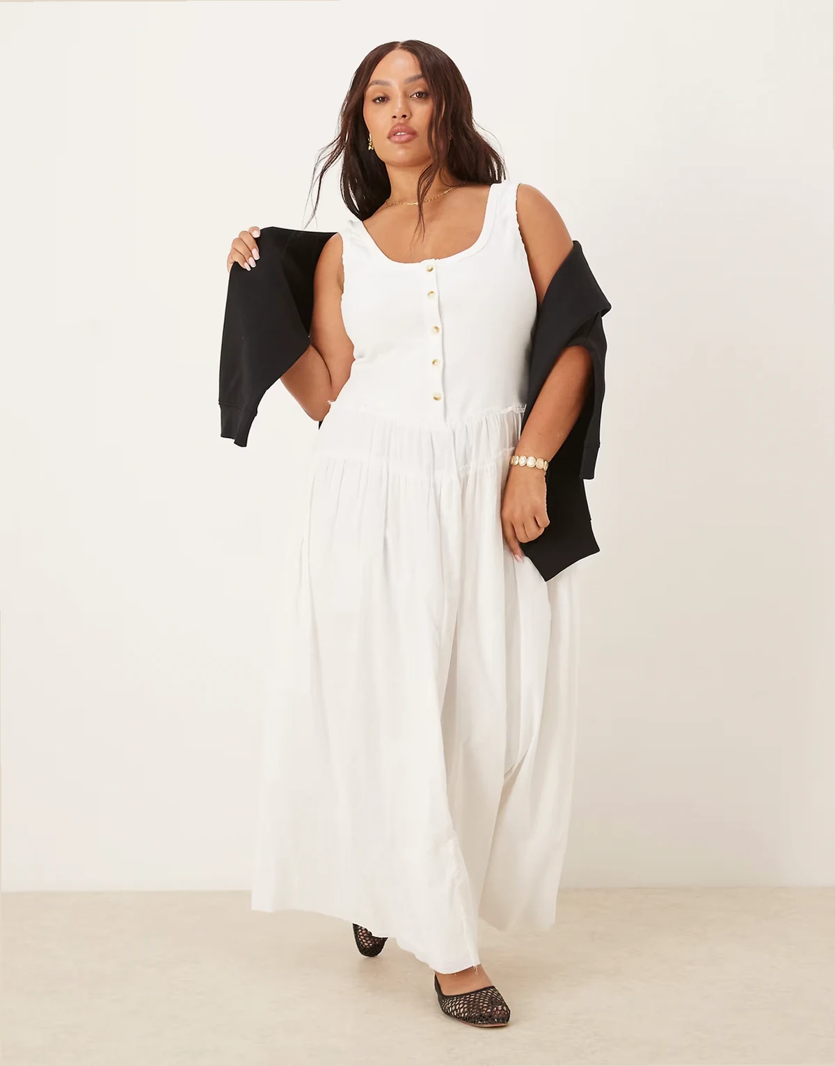 ASOS DESIGN Curve – Biała sukienka maxi z prążkowaną górą z guzikami, dekoltem U i popelinowym dołem