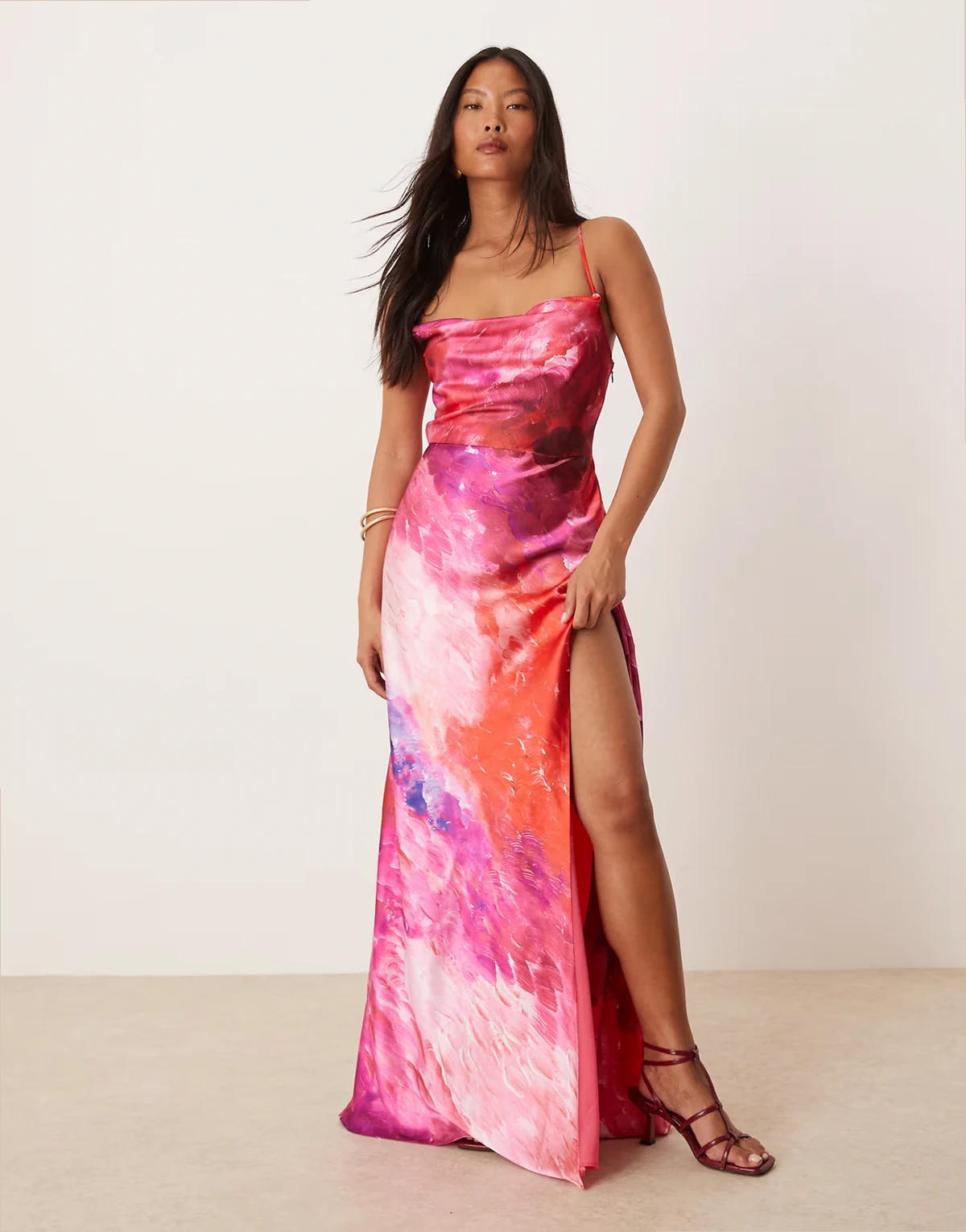 satin cross-back cami maxi dress in bright pink print