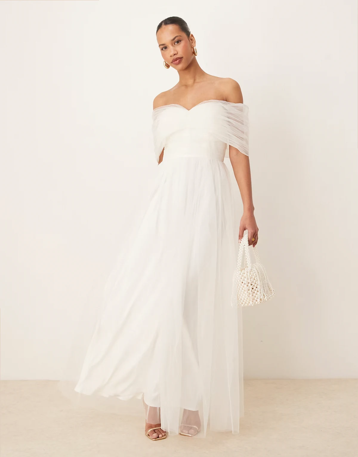 bow off shoulder tulle maxi dress in ivory