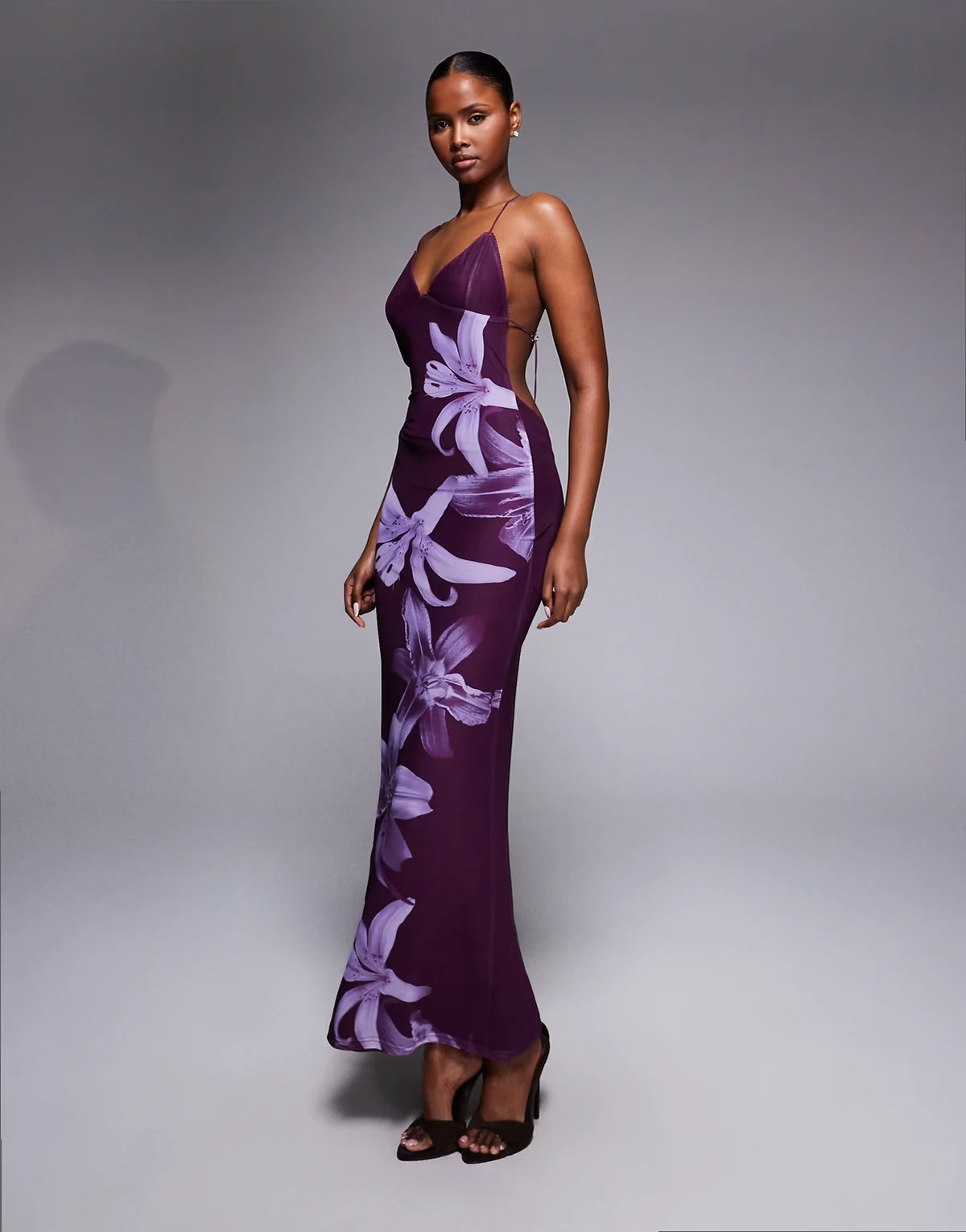 Orielle strappy open back hardware detail floral maxi dress in plum orchid