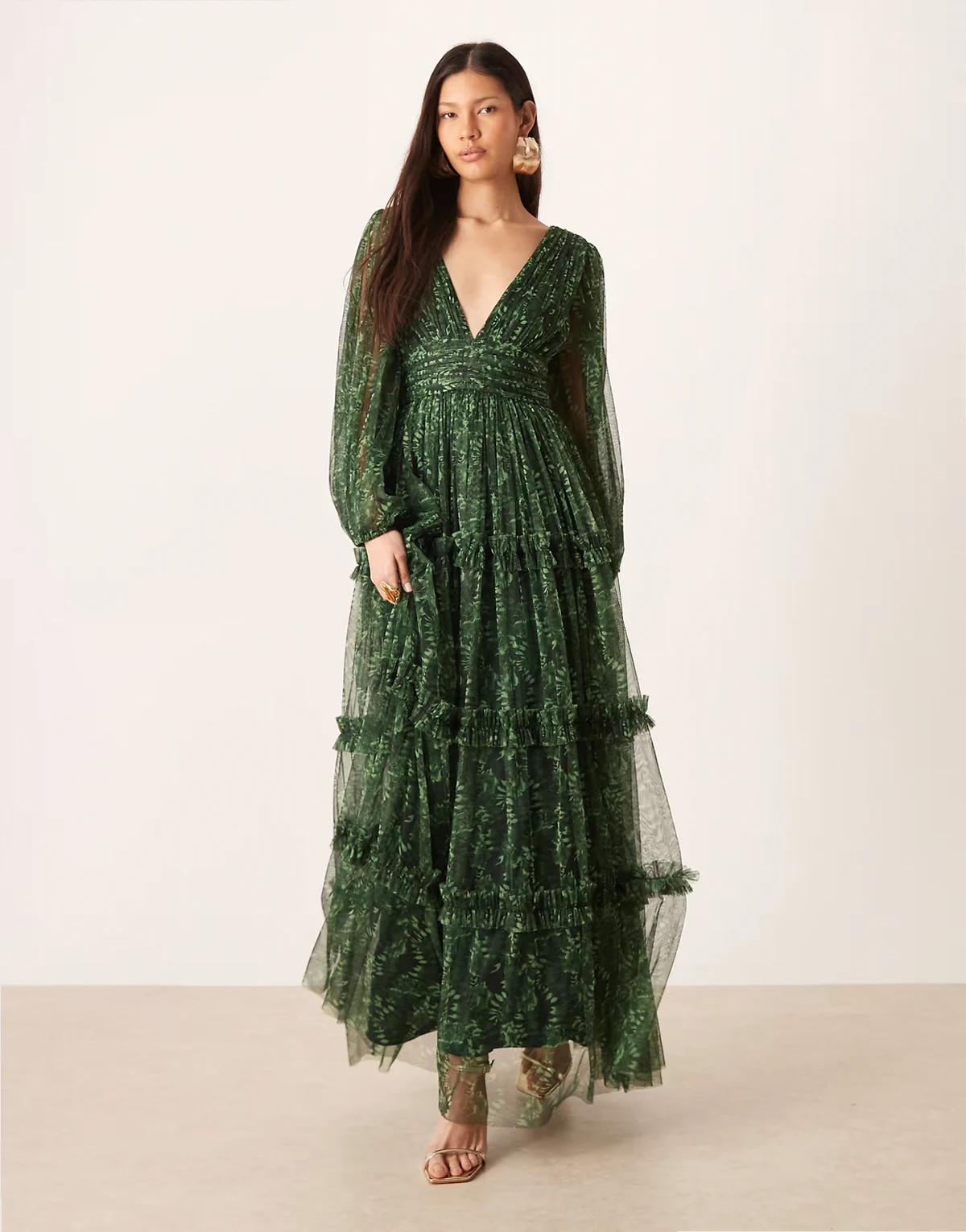 deep v-neck sheer bell sleeves maxi dress in green floral