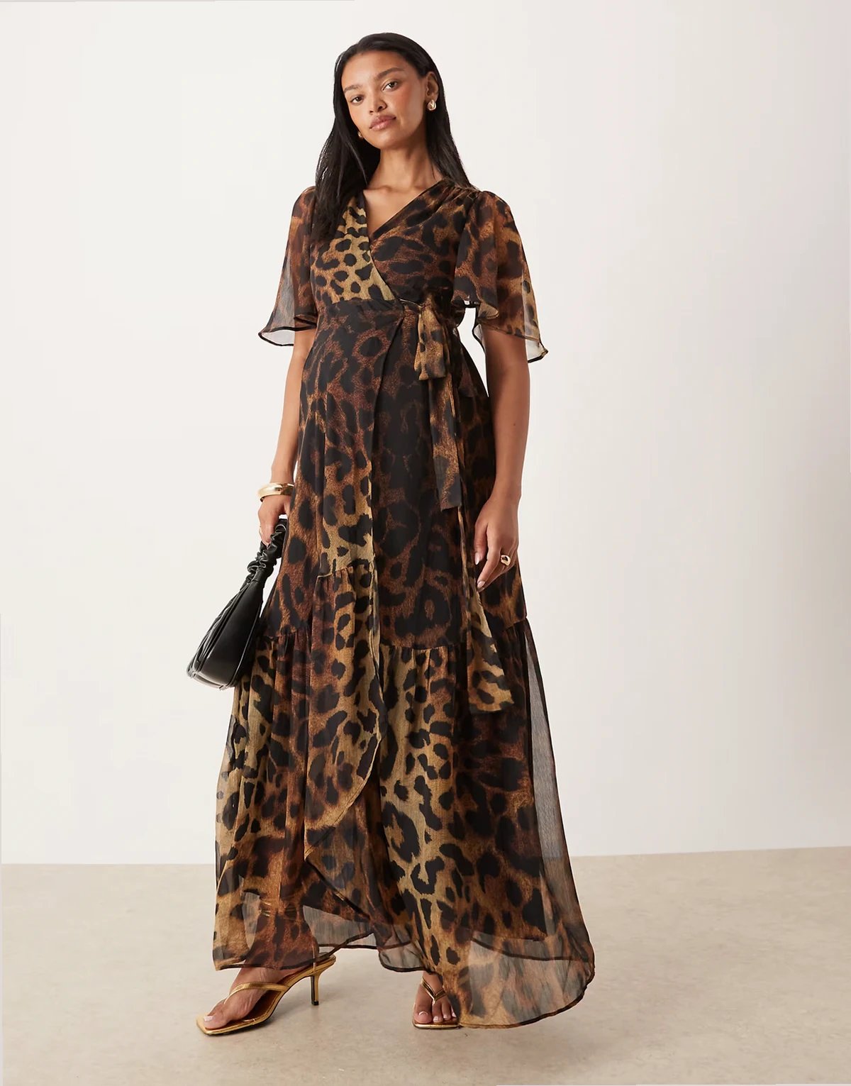 wrap front maxi dress in brown leopard print