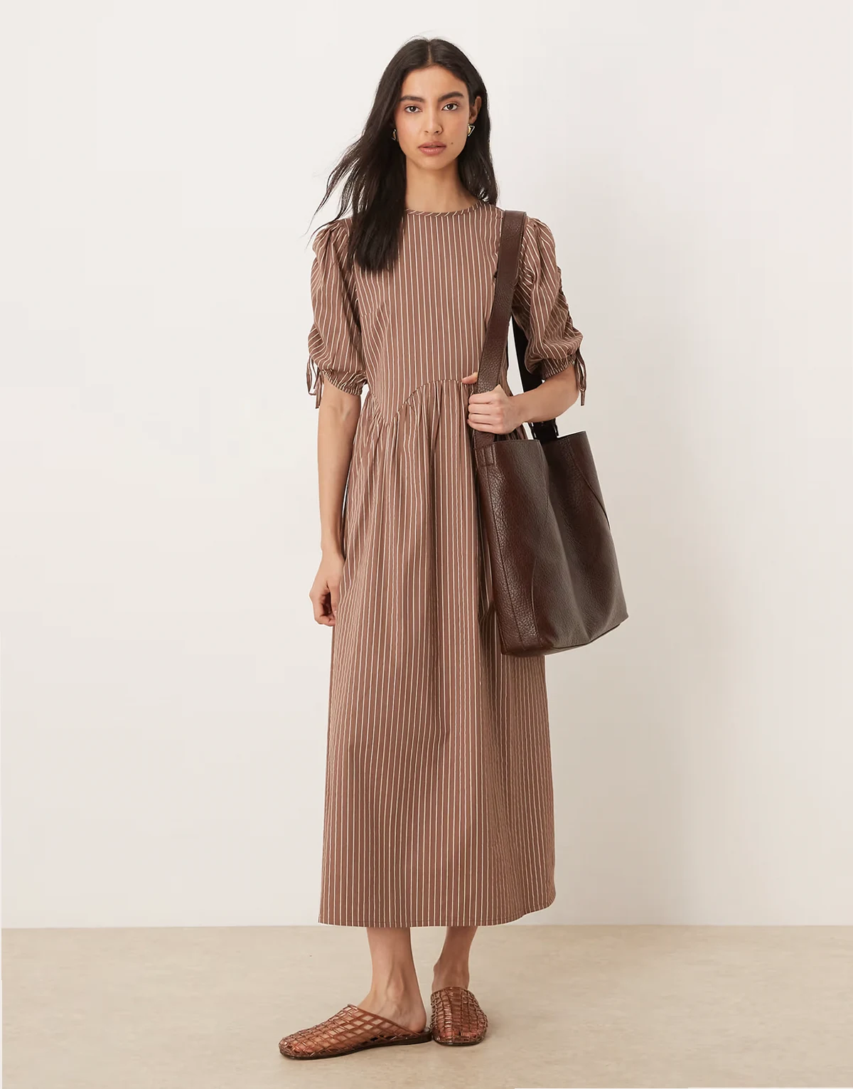 print tie-shoulders midaxi dress in brown stripes