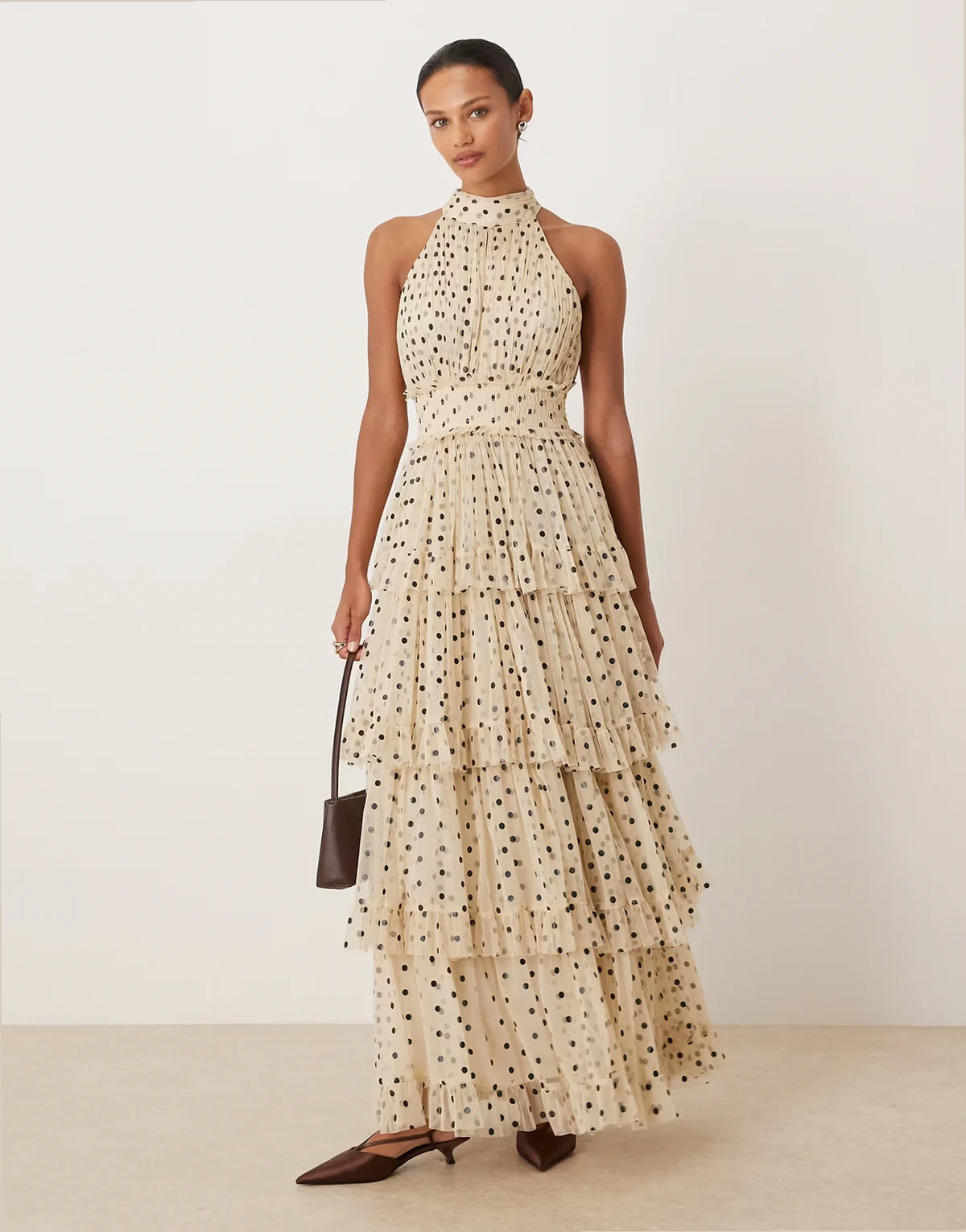 tulle tiered high neck maxi dress in cream and black polka dots