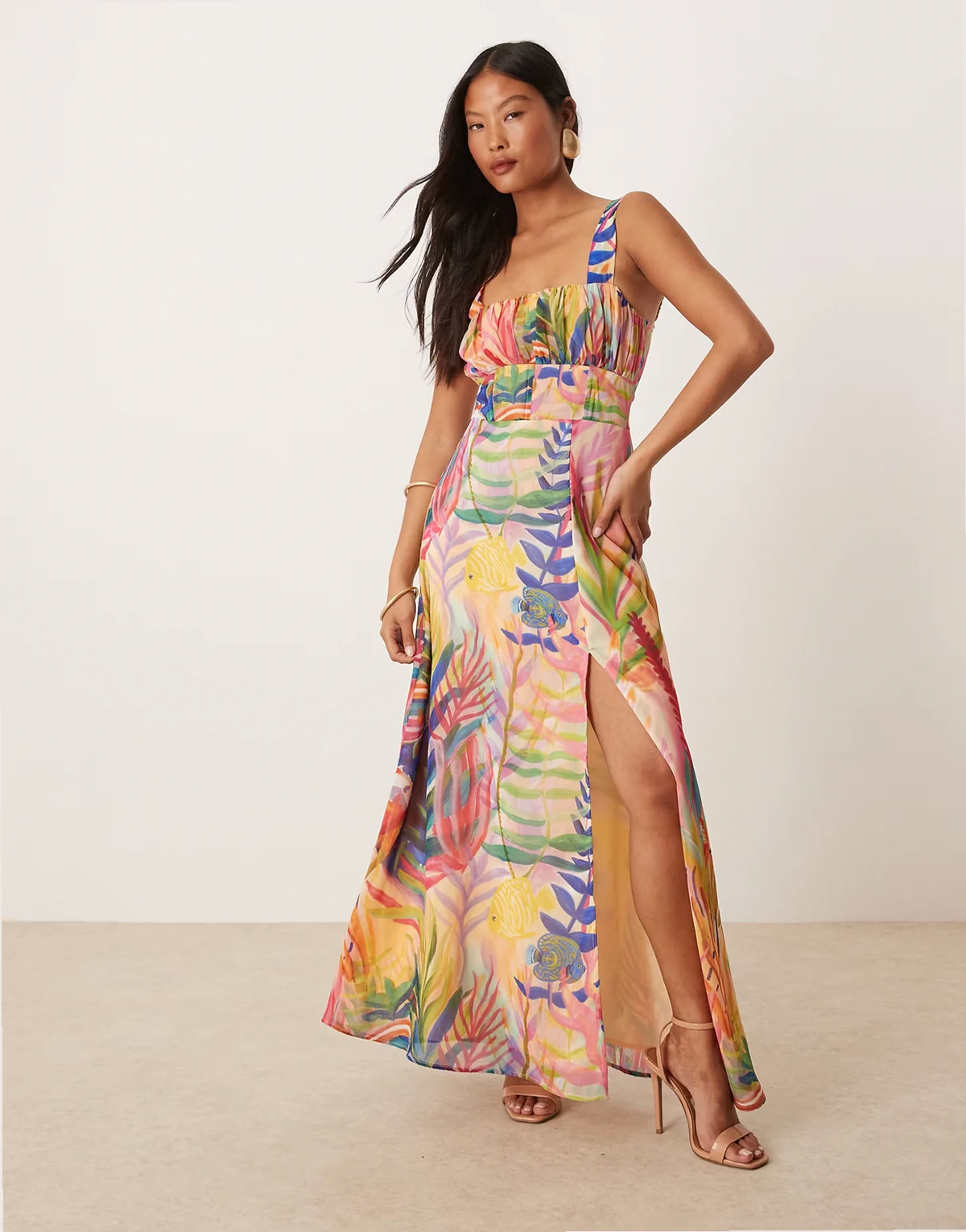 corset detail maxi dress in multi sea life print