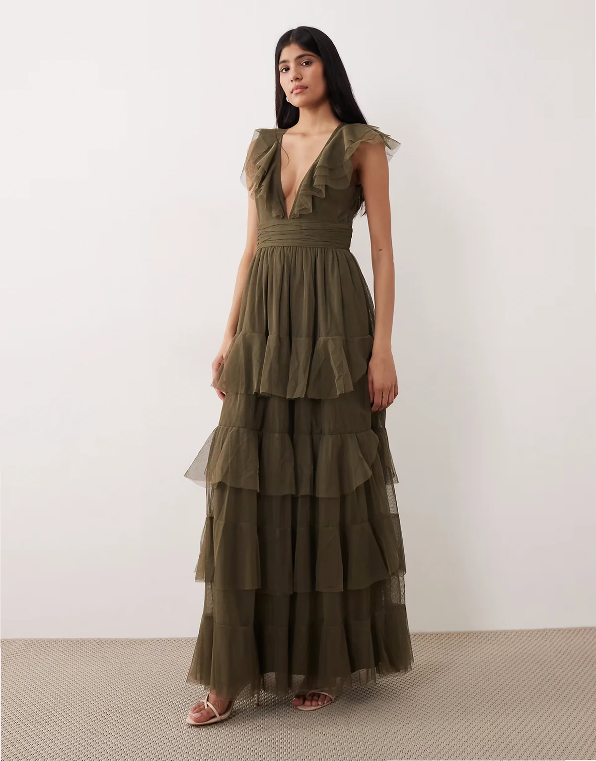 Bridesmaid tulle flutter sleeve tiered frills maxi dress in deep olive