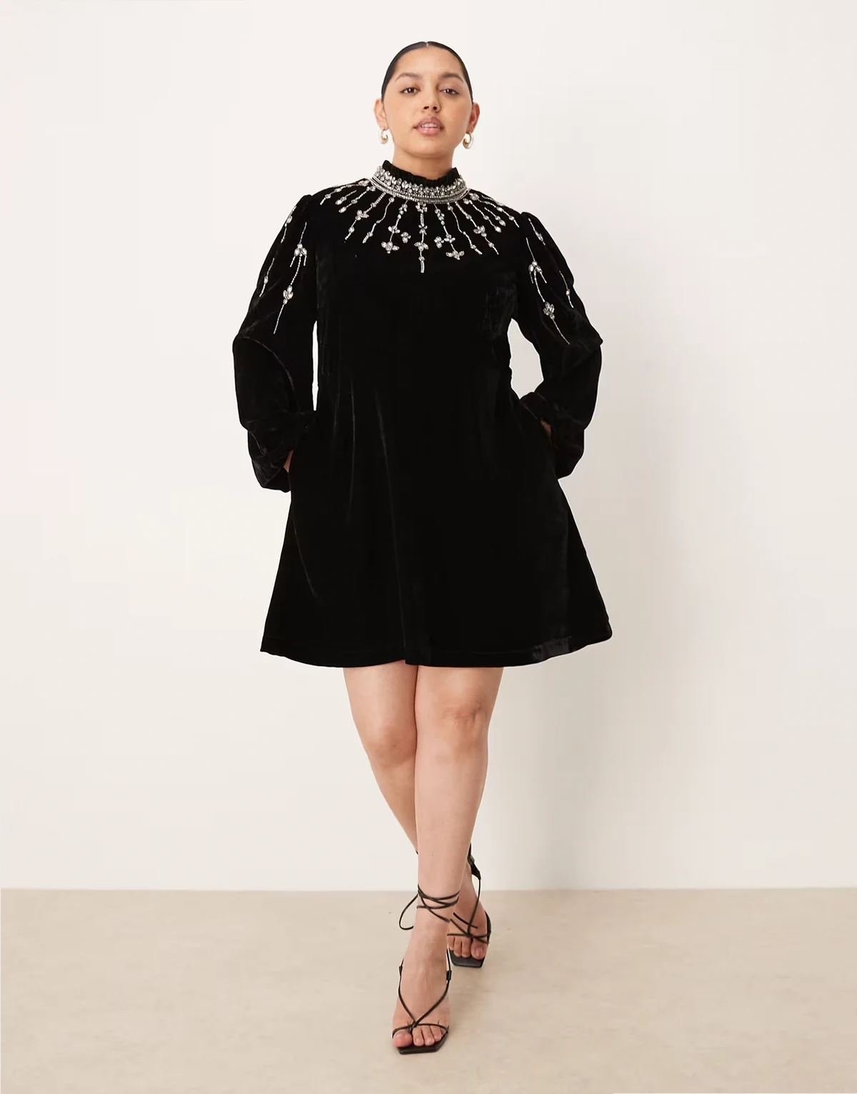 embellished high neck velvet mini dress in black
