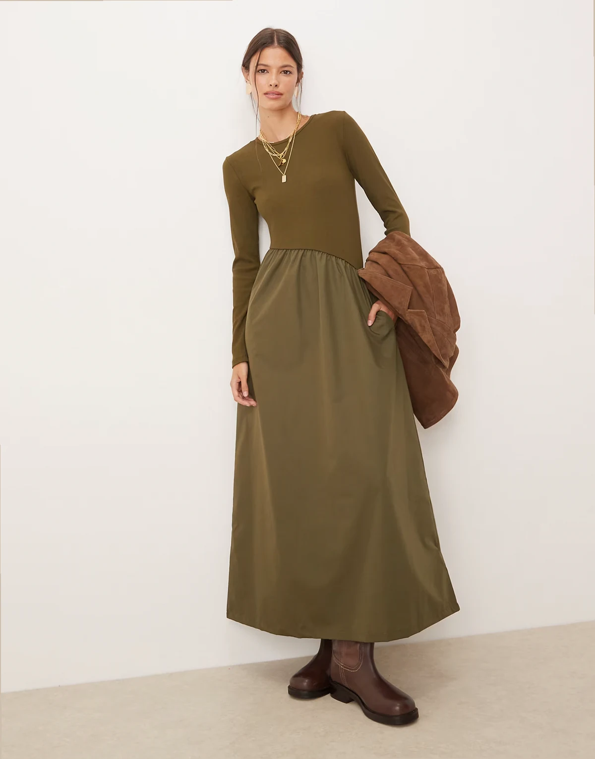long sleeve midi dress with poplin skirt in khaki