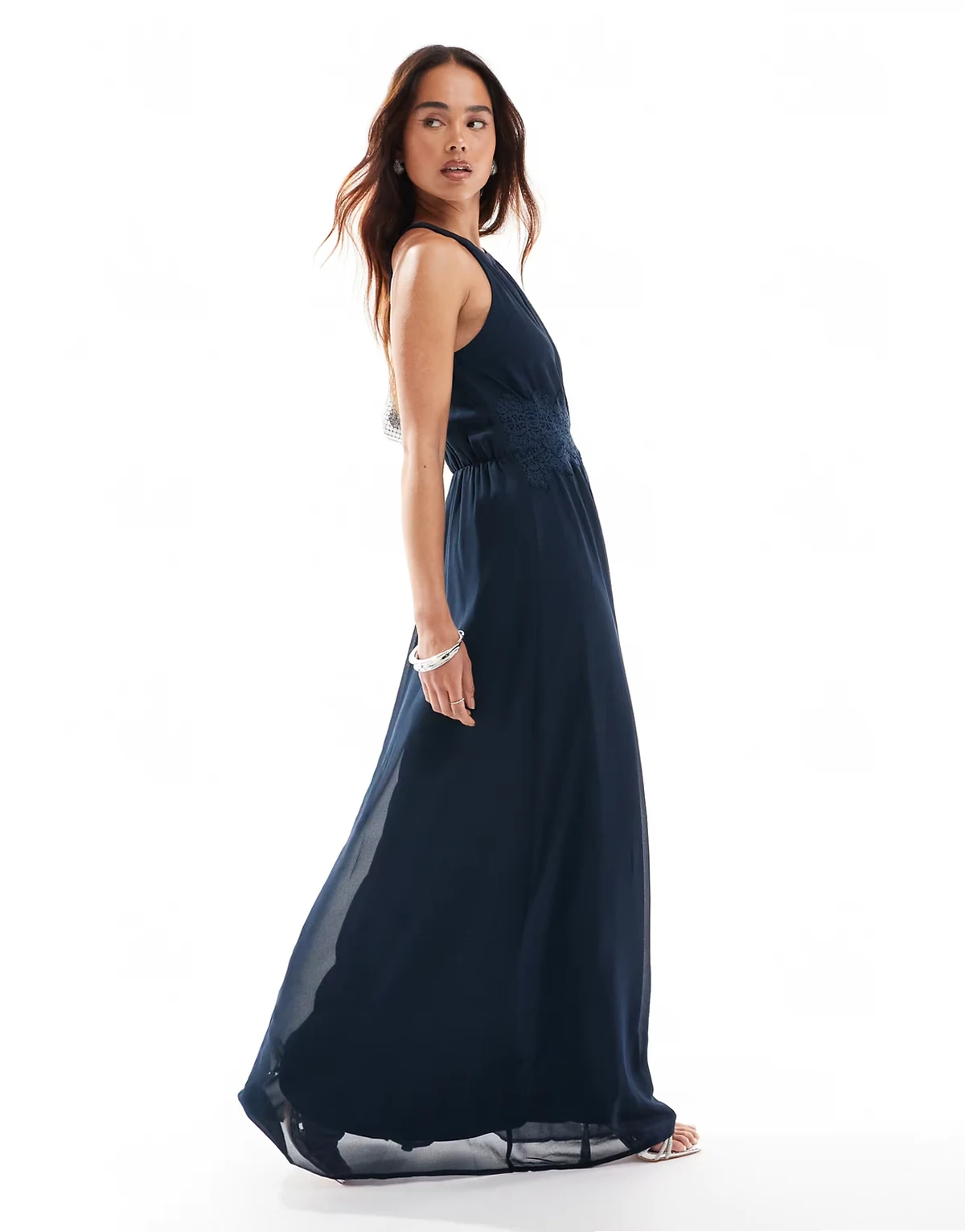 – Bridesmaid – Langes Brautjungfernkleid in Marineblau mit Neckholder-Träger