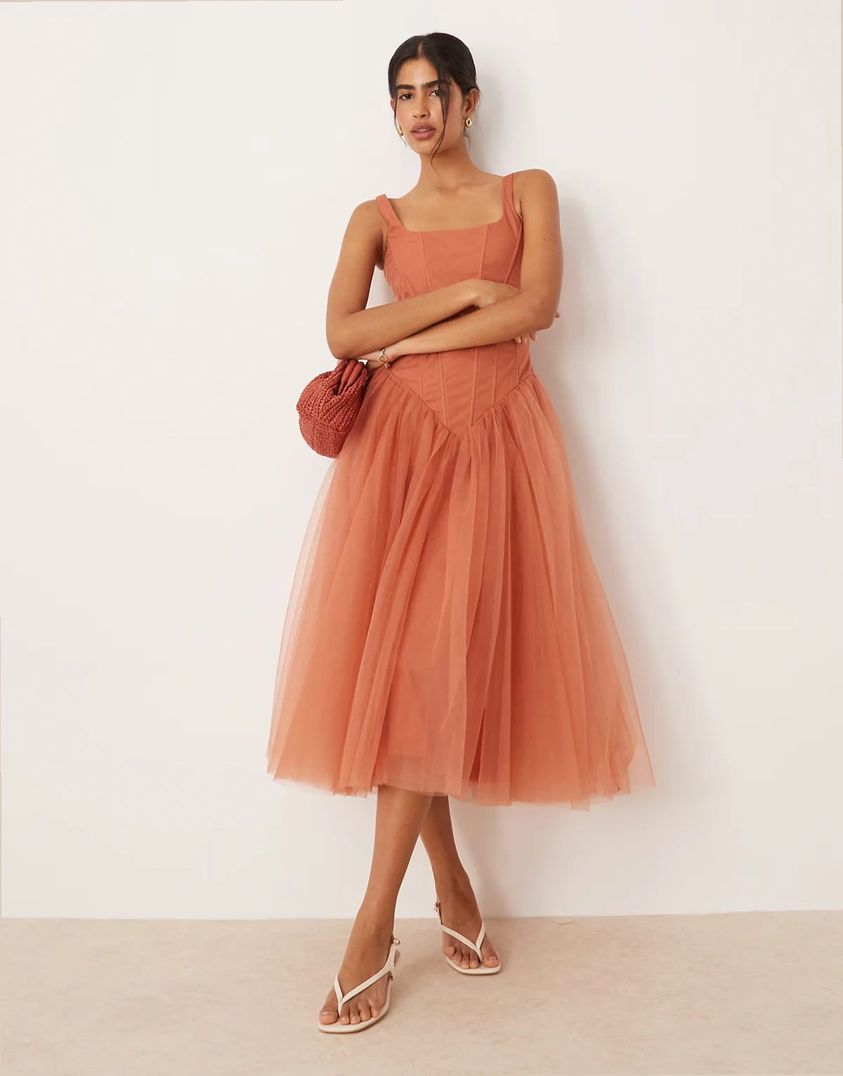 corset drop hem midi dress in terracotta rose