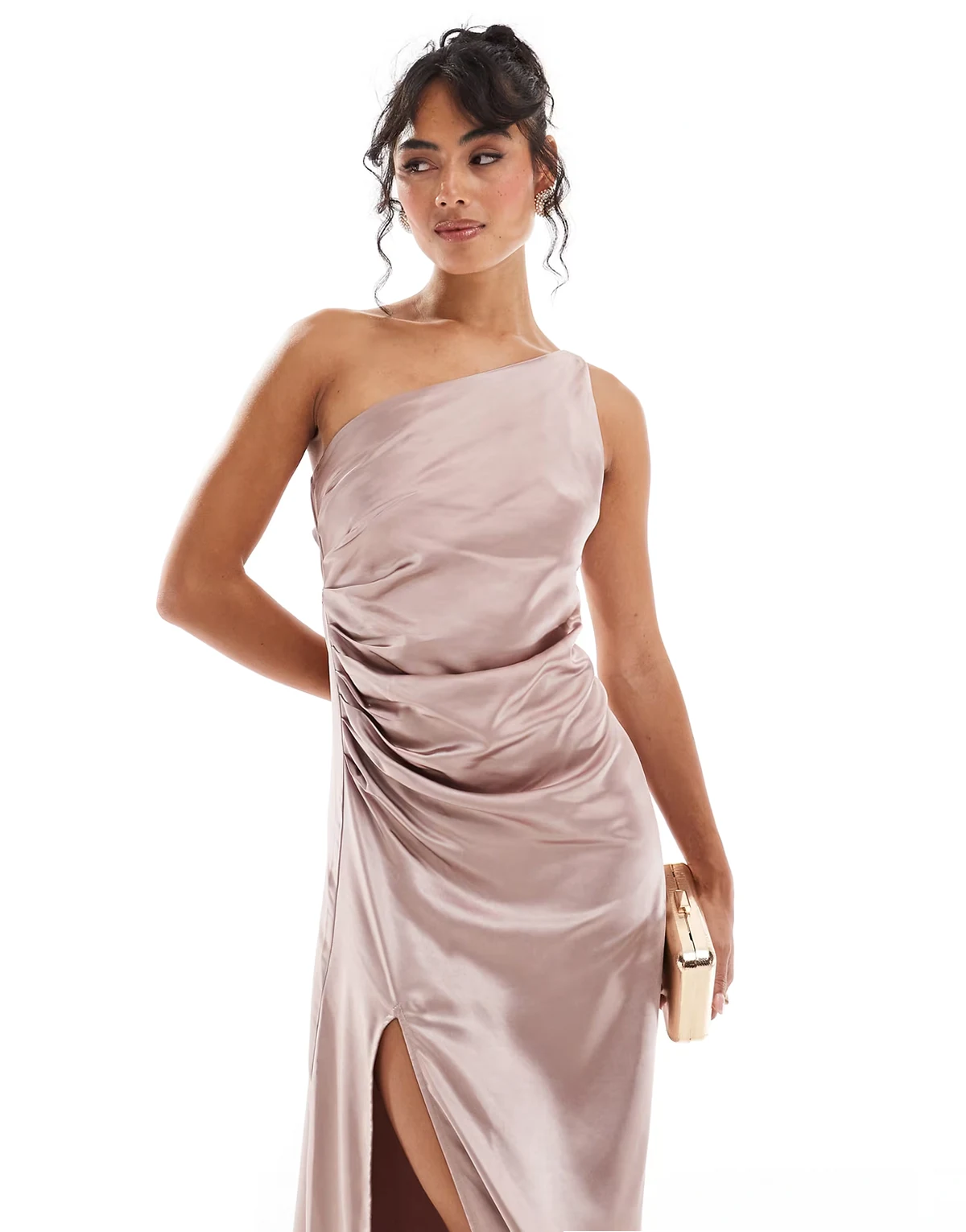 Bridesmaid Amelia one shoulder ruched satin maxi dress in amethyst