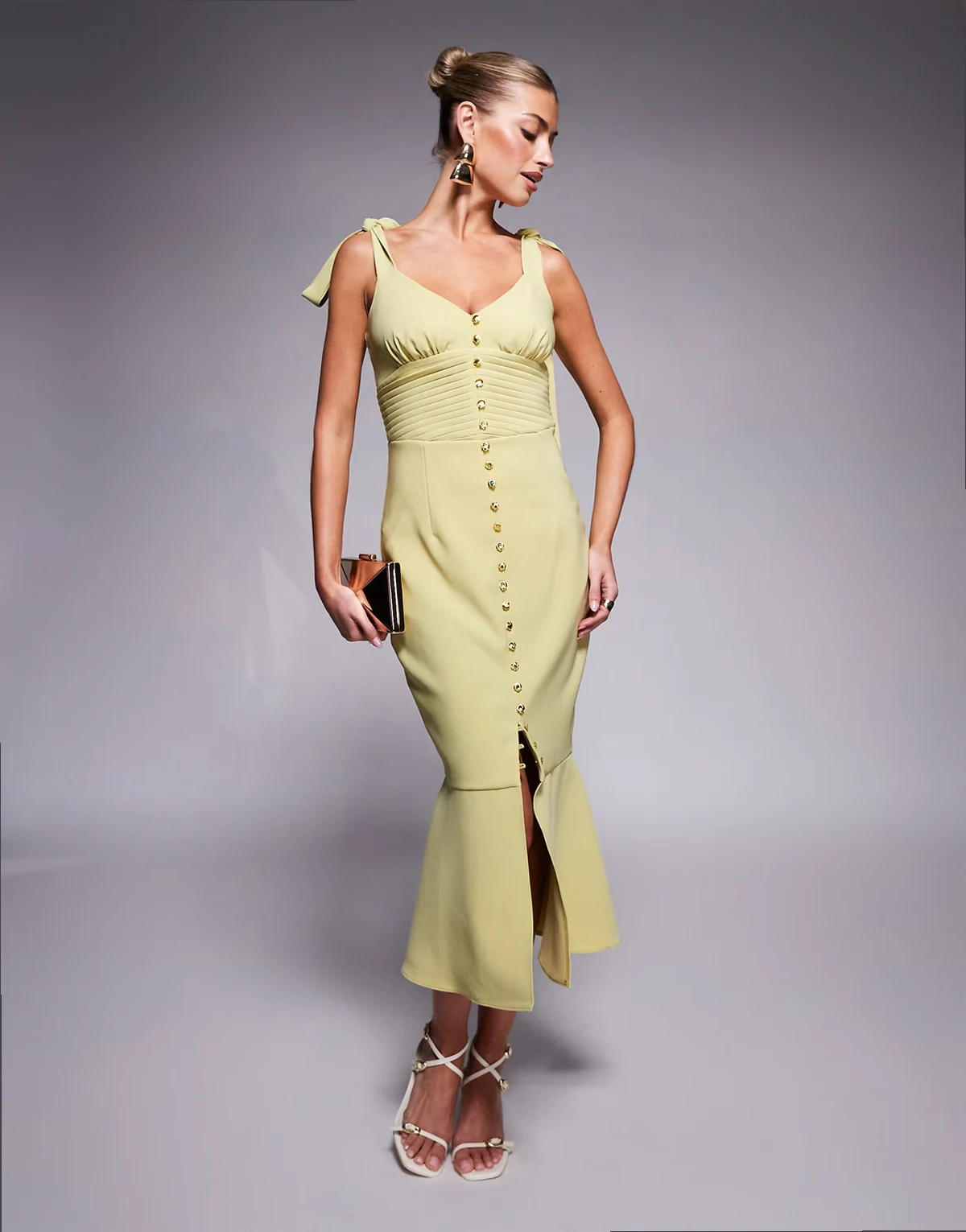 tie strap micro shell button midi dress in lime green