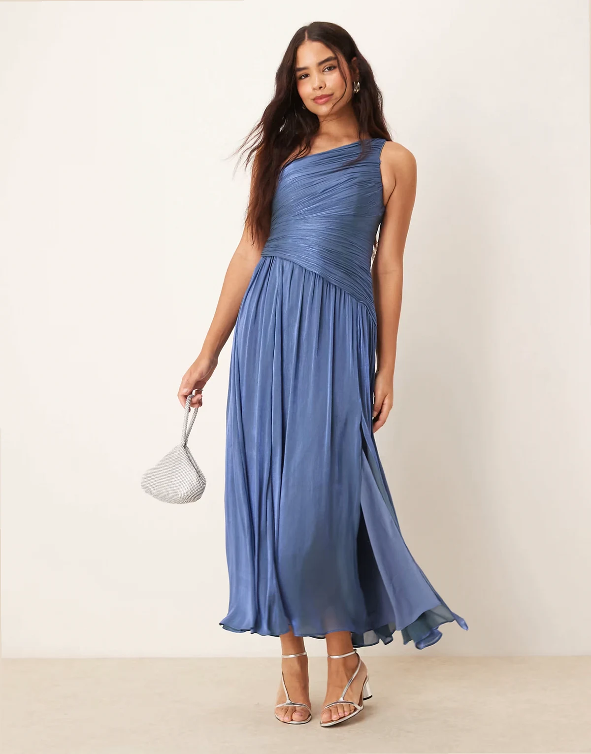 metallic one shoulder drop hem maxi dress in blue