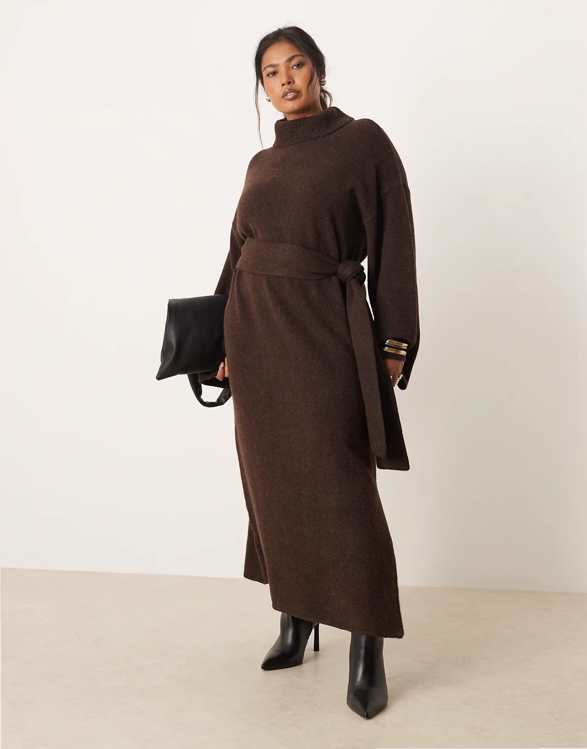 knit tie waist turtle neck leg slit midaxi dress in chocolate brown