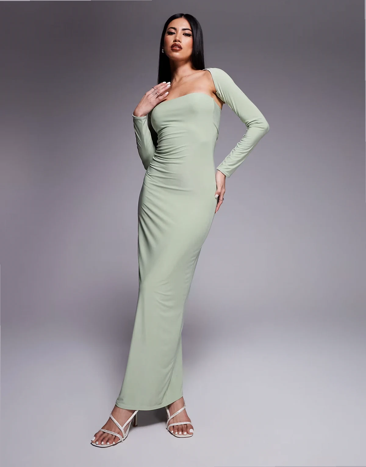 exclusive double layered slinky bandeau maxi dress with long sleeve shrug in sage
