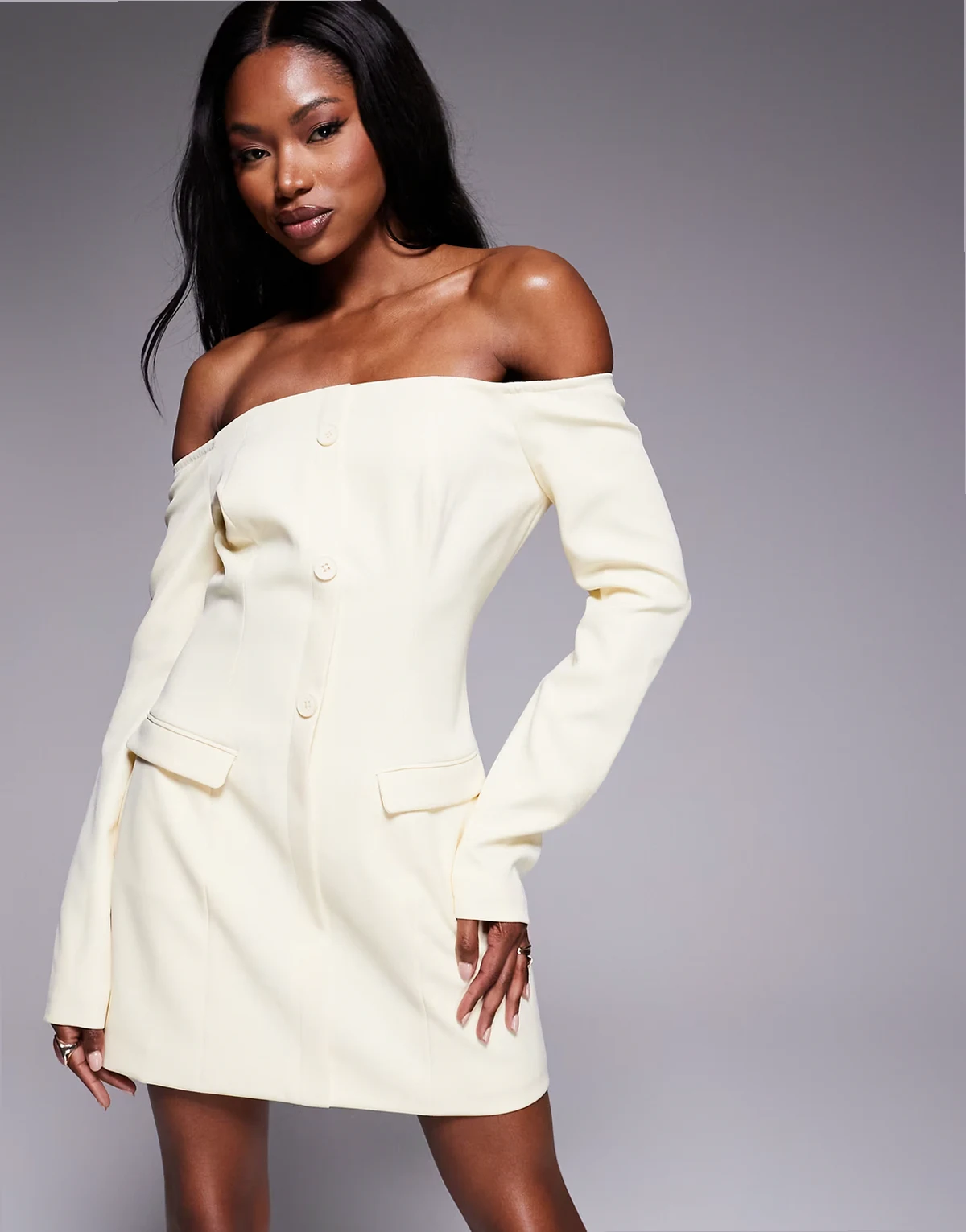 exclusive off the shoulder tailored button front pocket detail mini dress in lemon