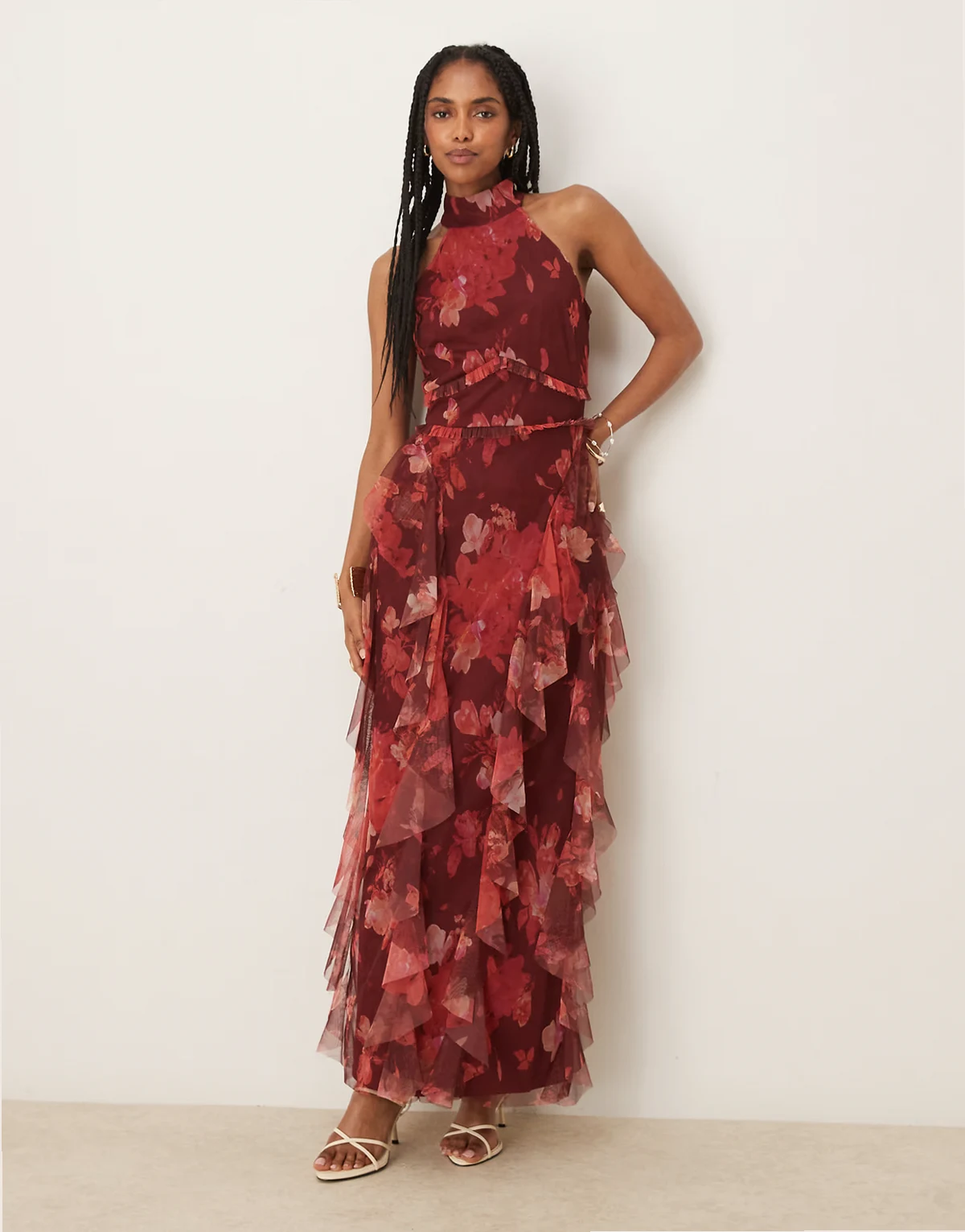 halterneck ruffled midaxi dress in deep red floral