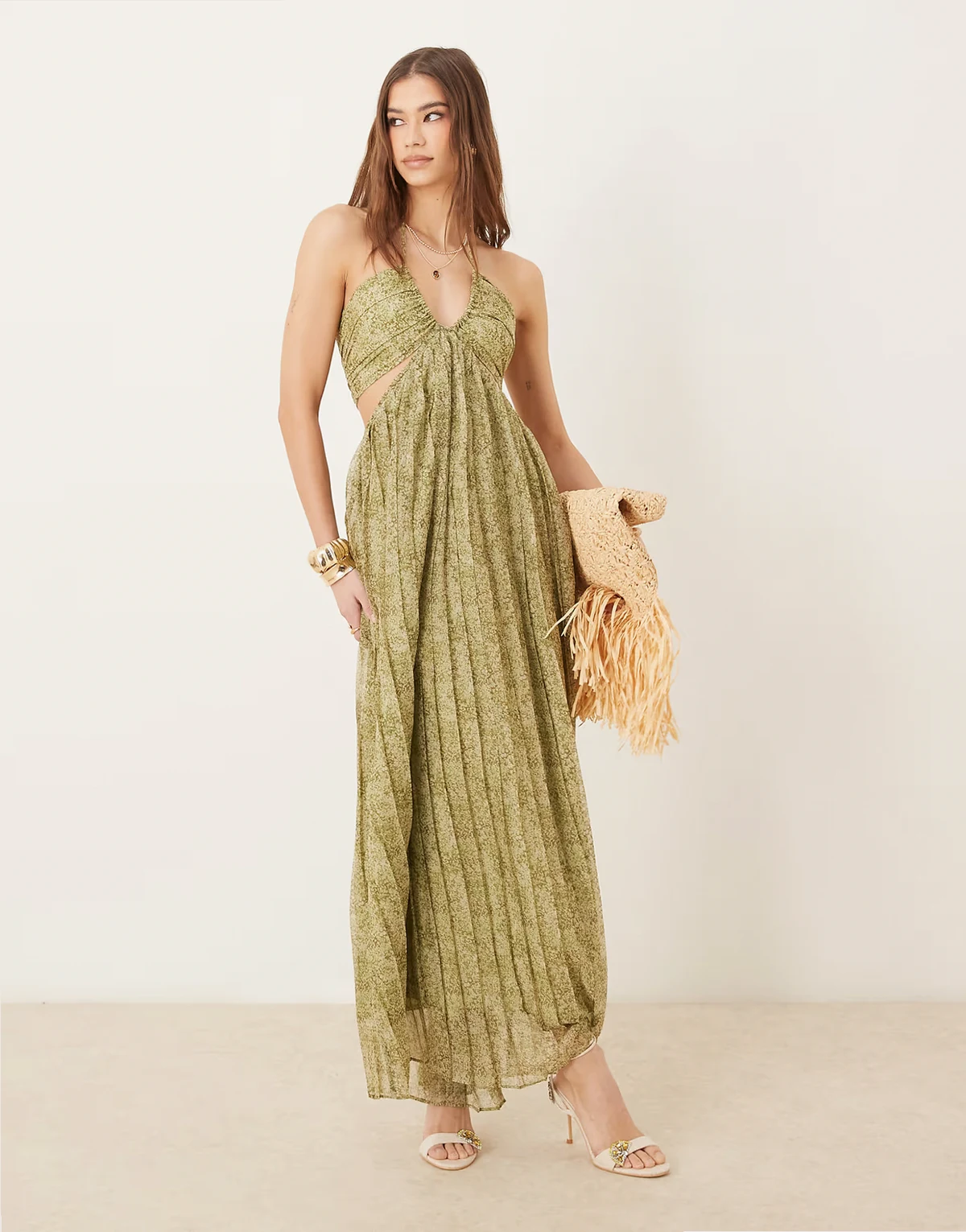 cut-out pleated maxi dress in olive floral
