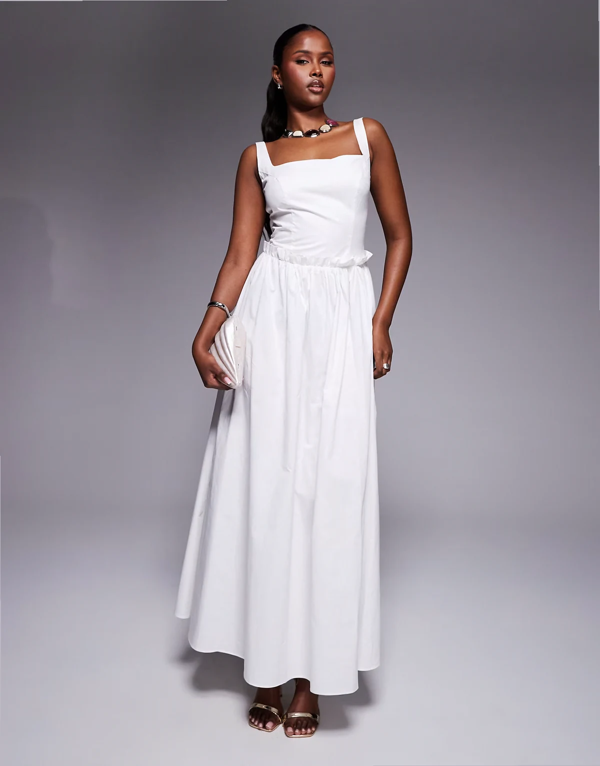 exclusive cotton rich poplin square neck ruffle waist maxi dress in white