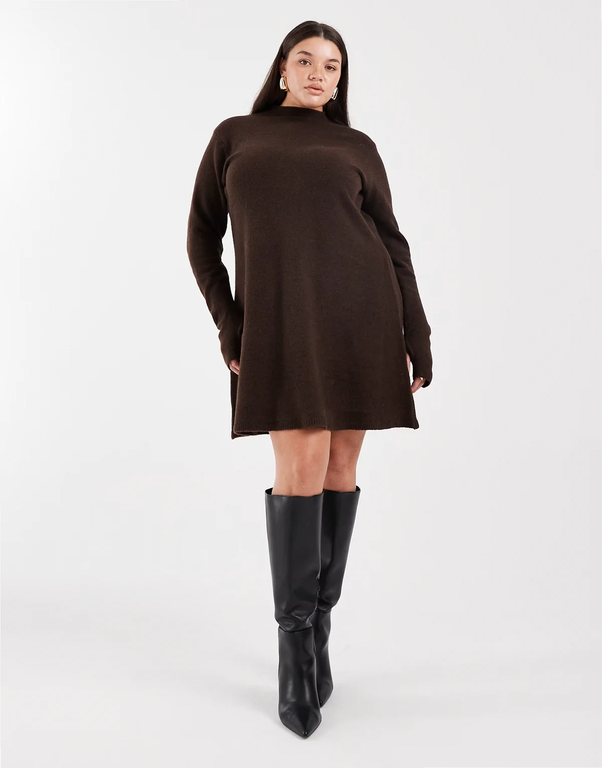 Pieces Curve long sleeve knit mini dress in chocolate brown