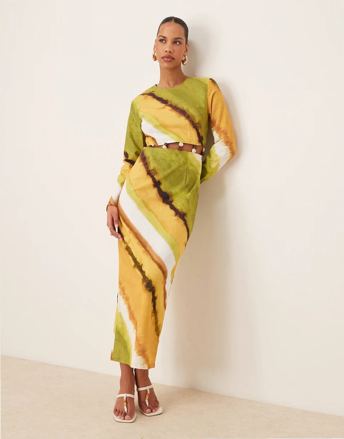 cut-out waist midaxi dress in green ombre print
