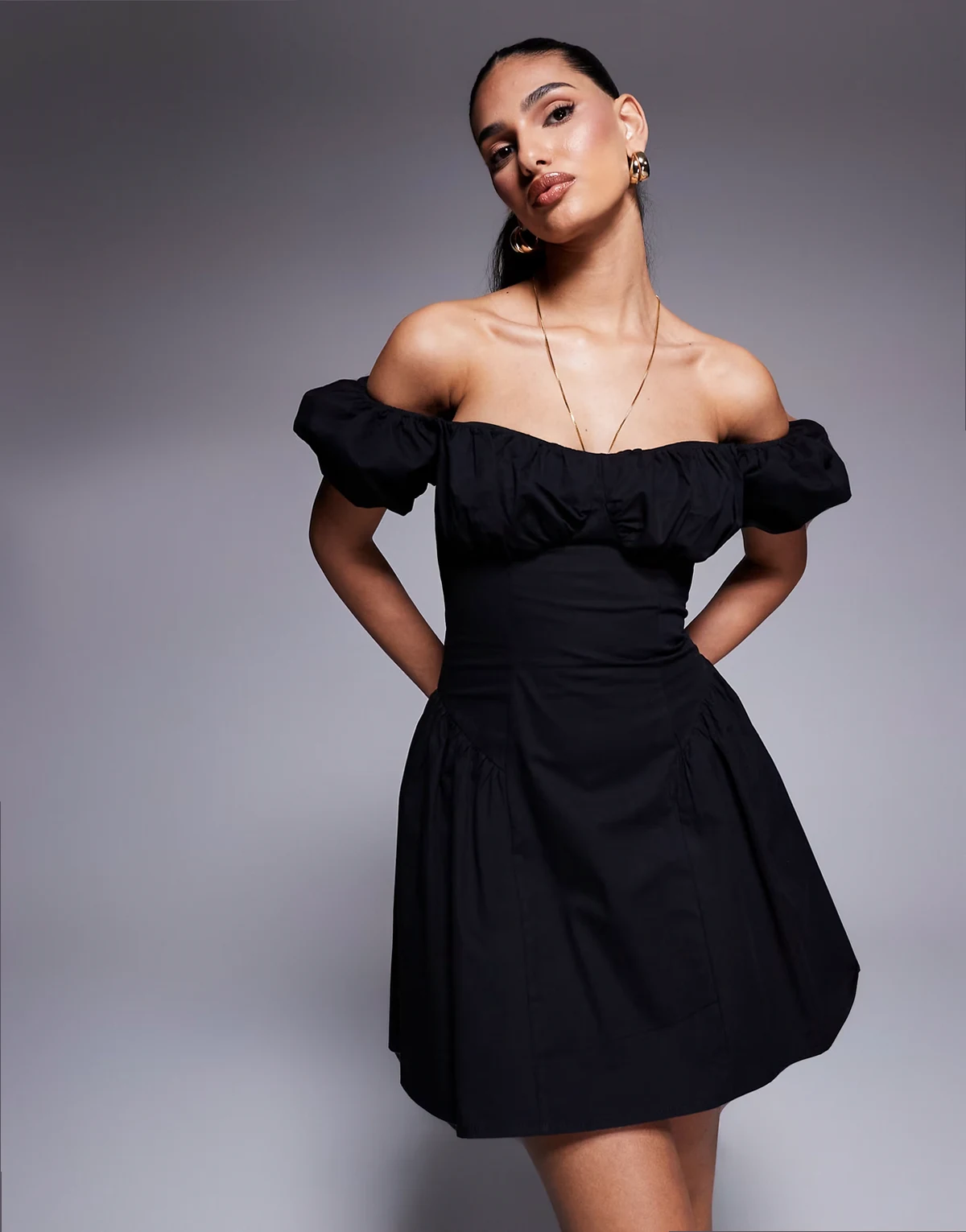 exclusive cotton rich poplin puff sleeve hip pleat detail mini dress in black