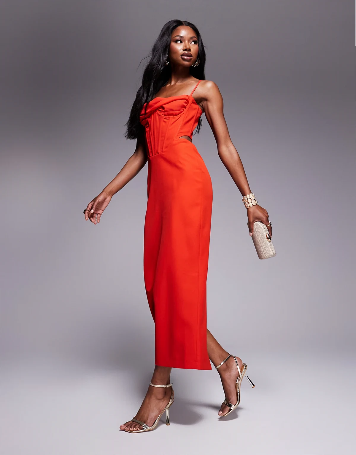 – Maxikleid in Feuerrot mit Korsettdetail