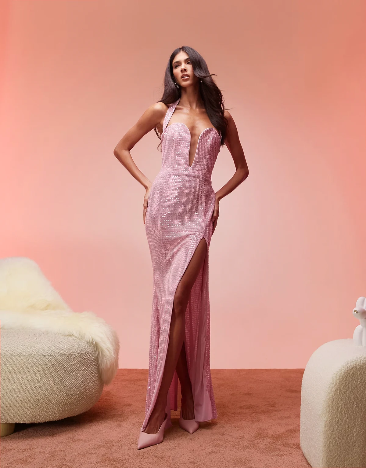Sansel embellished halterneck maxi in lavender pink