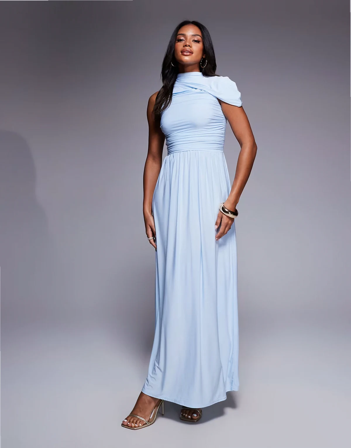 exclusive double layered slinky asymmetrical drape maxi dress in dusty blue