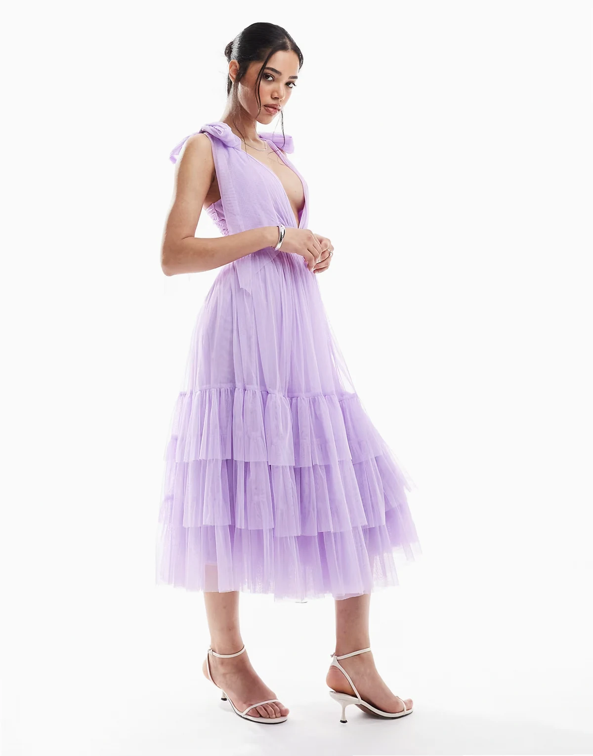 Bridesmaid Madison bow shoulder midi dress in lilac