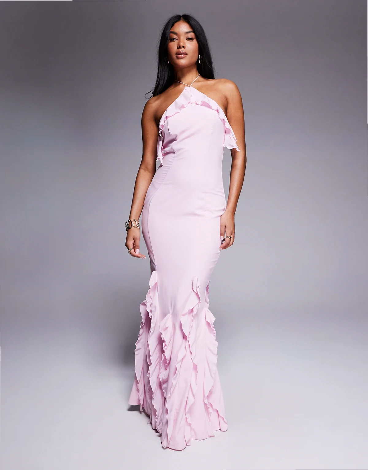 Miyera ruffle trim halterneck maxi dress in soft pink