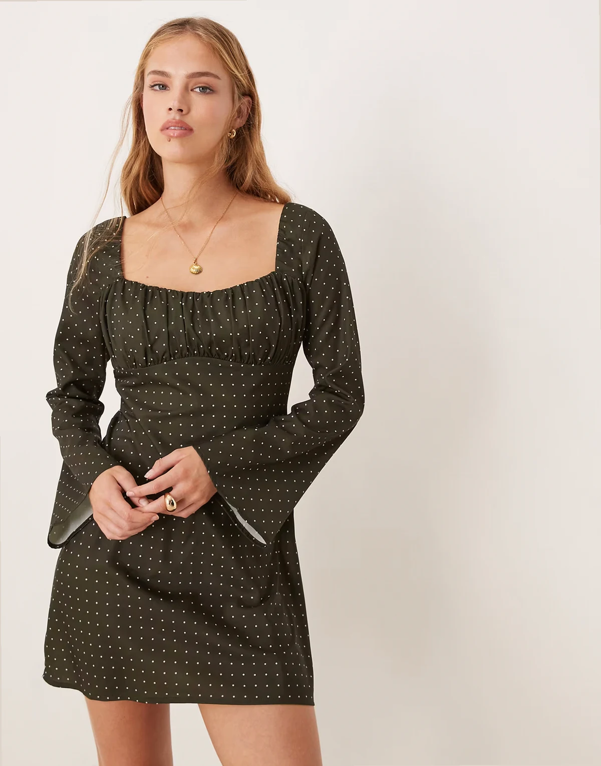 polka dot mini dress in forest green